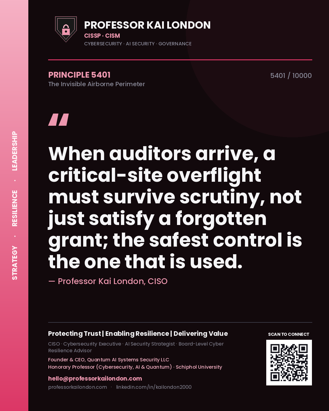 Professor Kai London principle 5401: When auditors arrive, a critical-site overflight must survive scrutiny, not just satisfy a forgotten grant; the safest control is the one that is used.