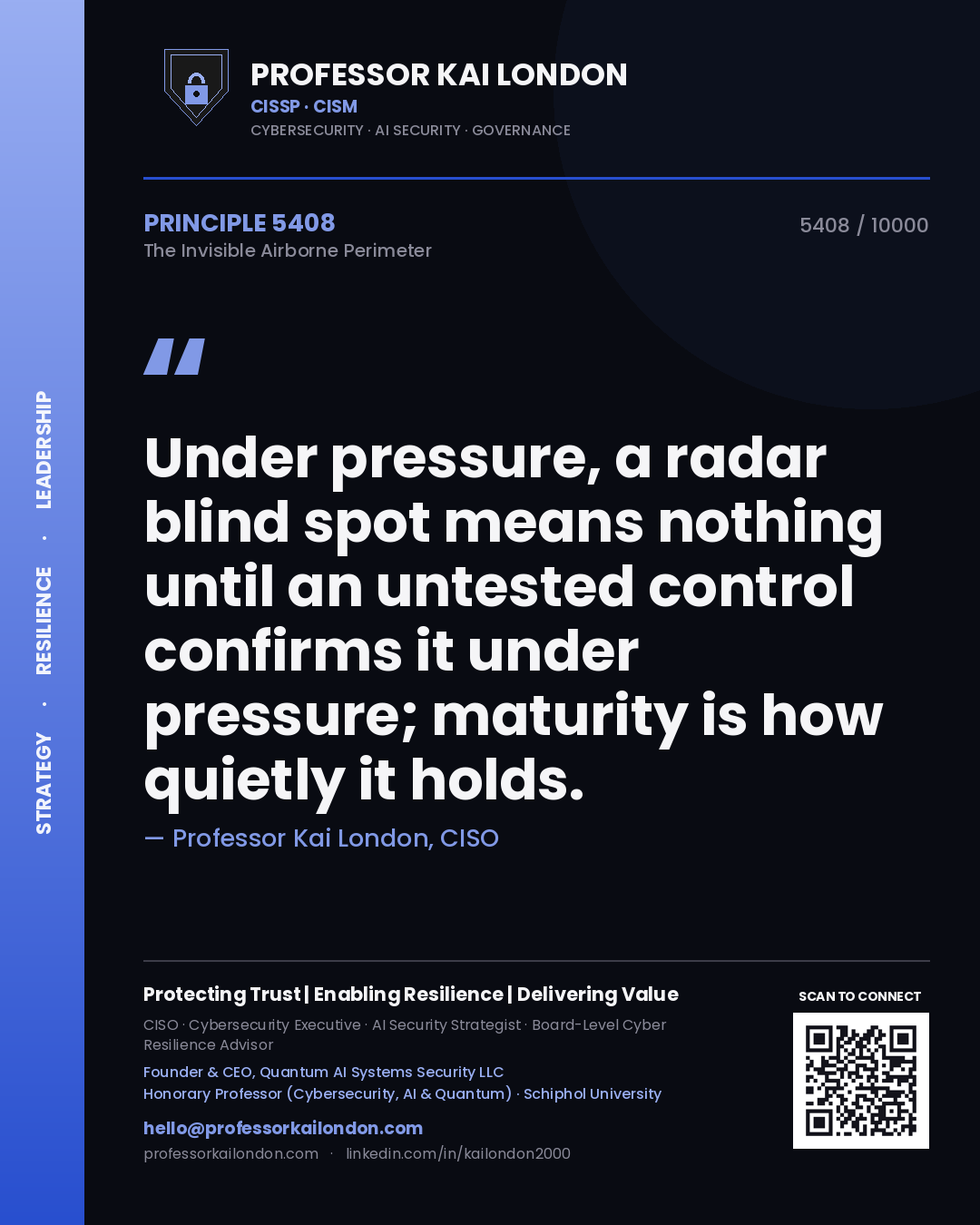 Professor Kai London principle 5408: Under pressure, a radar blind spot means nothing until an untested control confirms it under pressure; maturity is how quietly it holds.