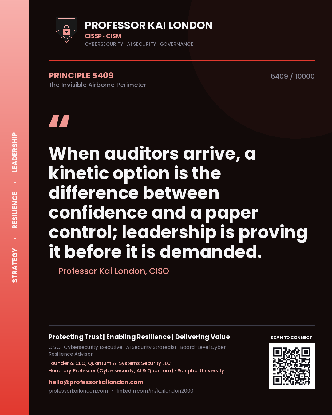 Quote card by Professor Kai London reading 'When auditors arrive, a kinetic option is the difference between confidence and a paper control; leadership is proving it before it is demanded.'. From the book The Invisible Airborne Perimeter.