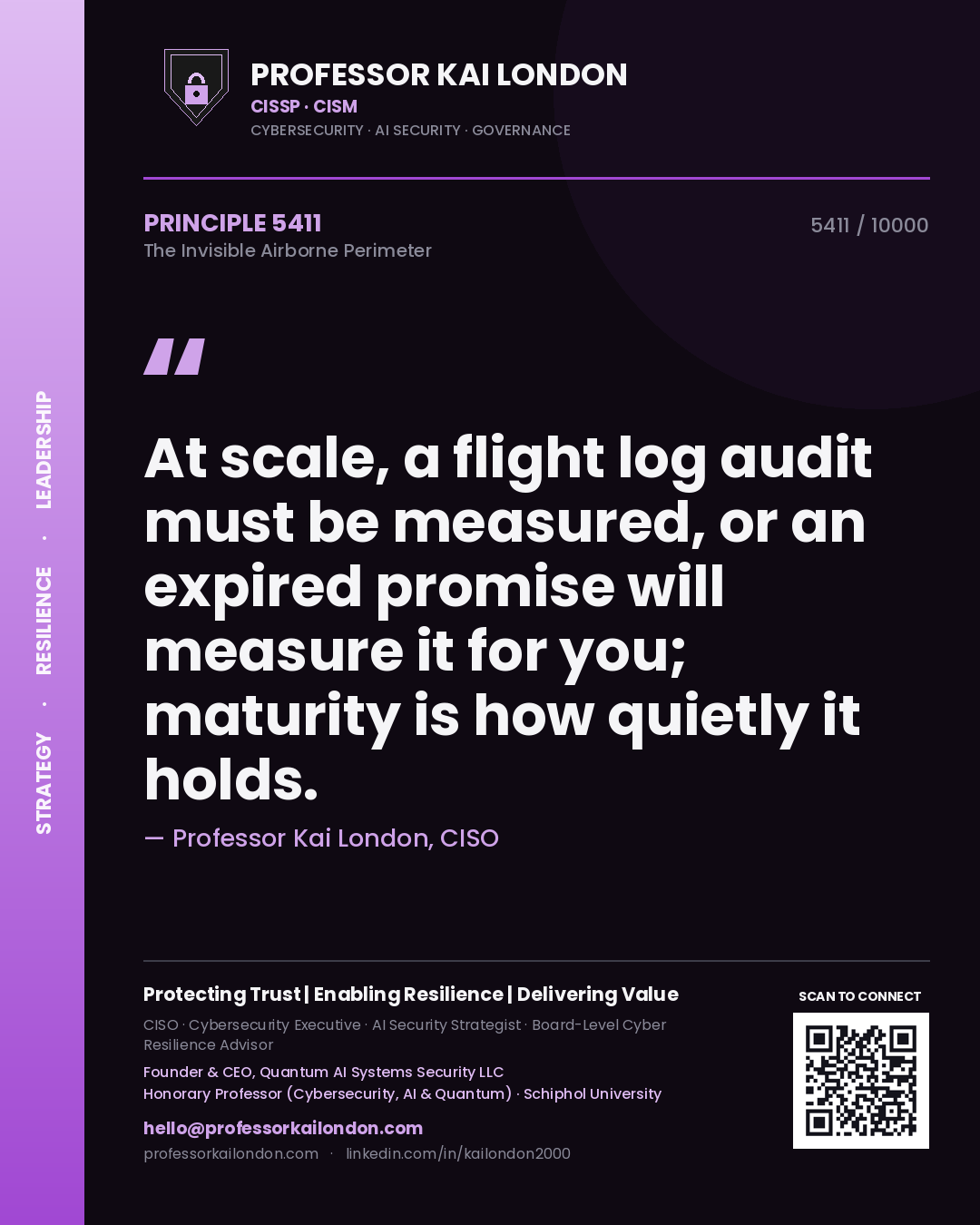 Professor Kai London principle 5411: At scale, a flight log audit must be measured, or an expired promise will measure it for you; maturity is how quietly it holds.