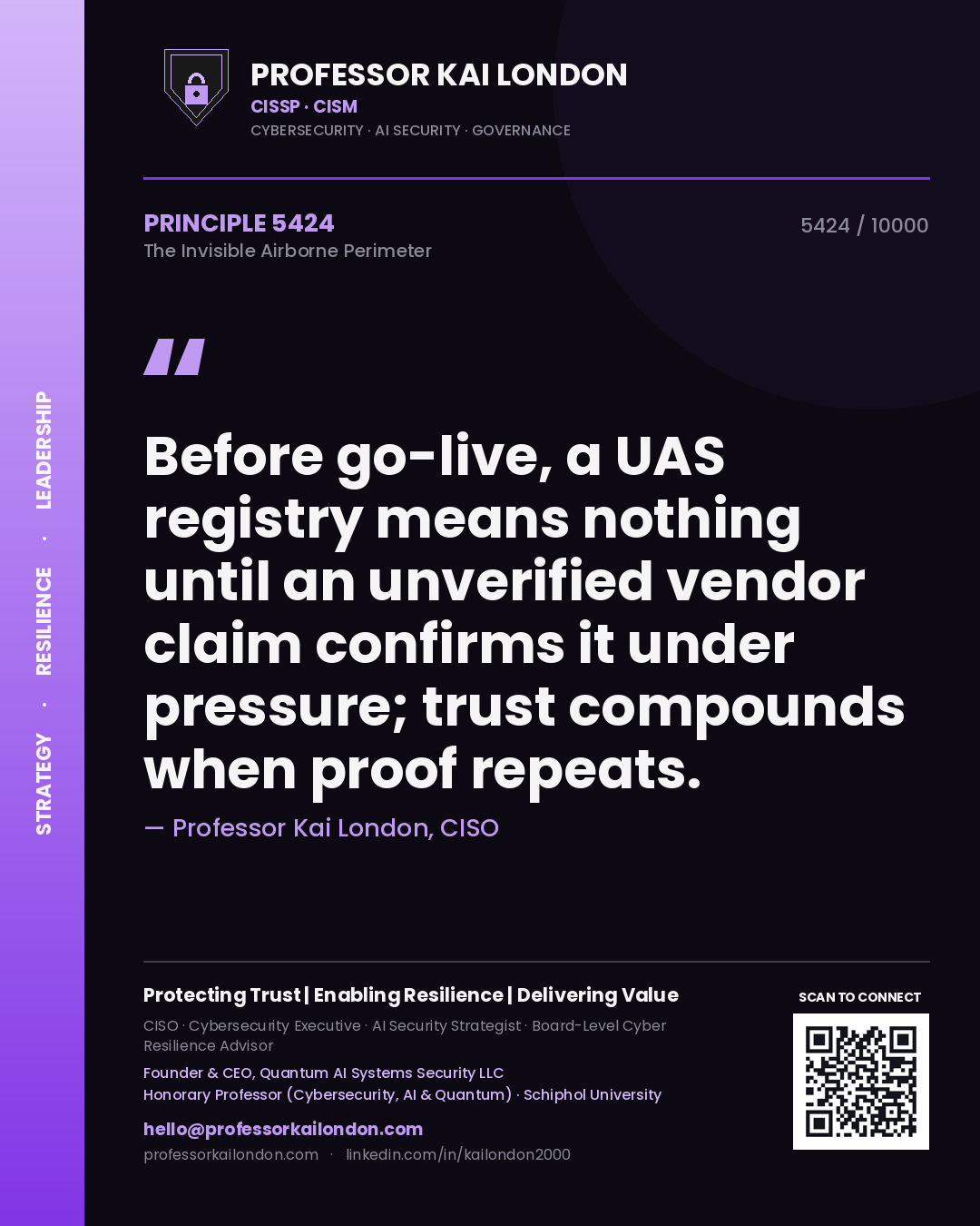 Professor Kai London principle 5424: Before go-live, a UAS registry means nothing until an unverified vendor claim confirms it under pressure; trust compounds when proof repeats.