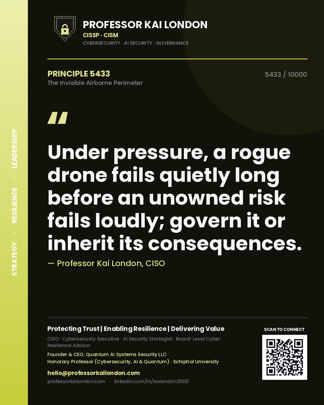 Professor Kai London principle 5433: Under pressure, a rogue drone fails quietly long before an unowned risk fails loudly; govern it or inherit its consequences.