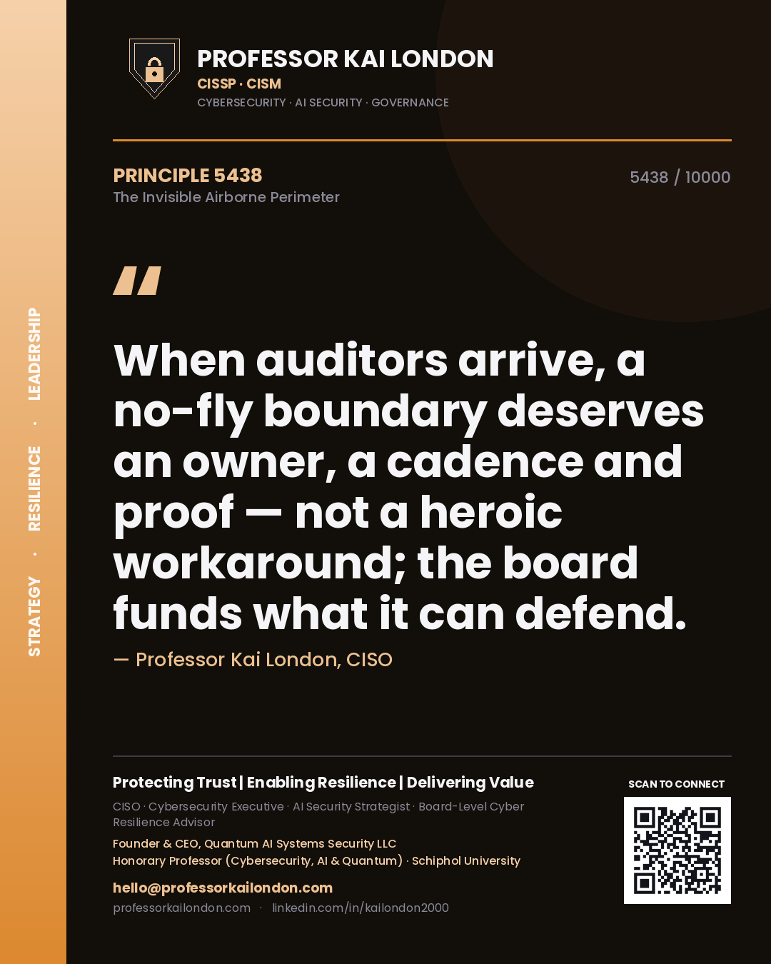 Quote card by Professor Kai London reading 'When auditors arrive, a no-fly boundary deserves an owner, a cadence and proof — not a heroic workaround; the board funds what it can defend.'. From the book The Invisible Airborne Perimeter.