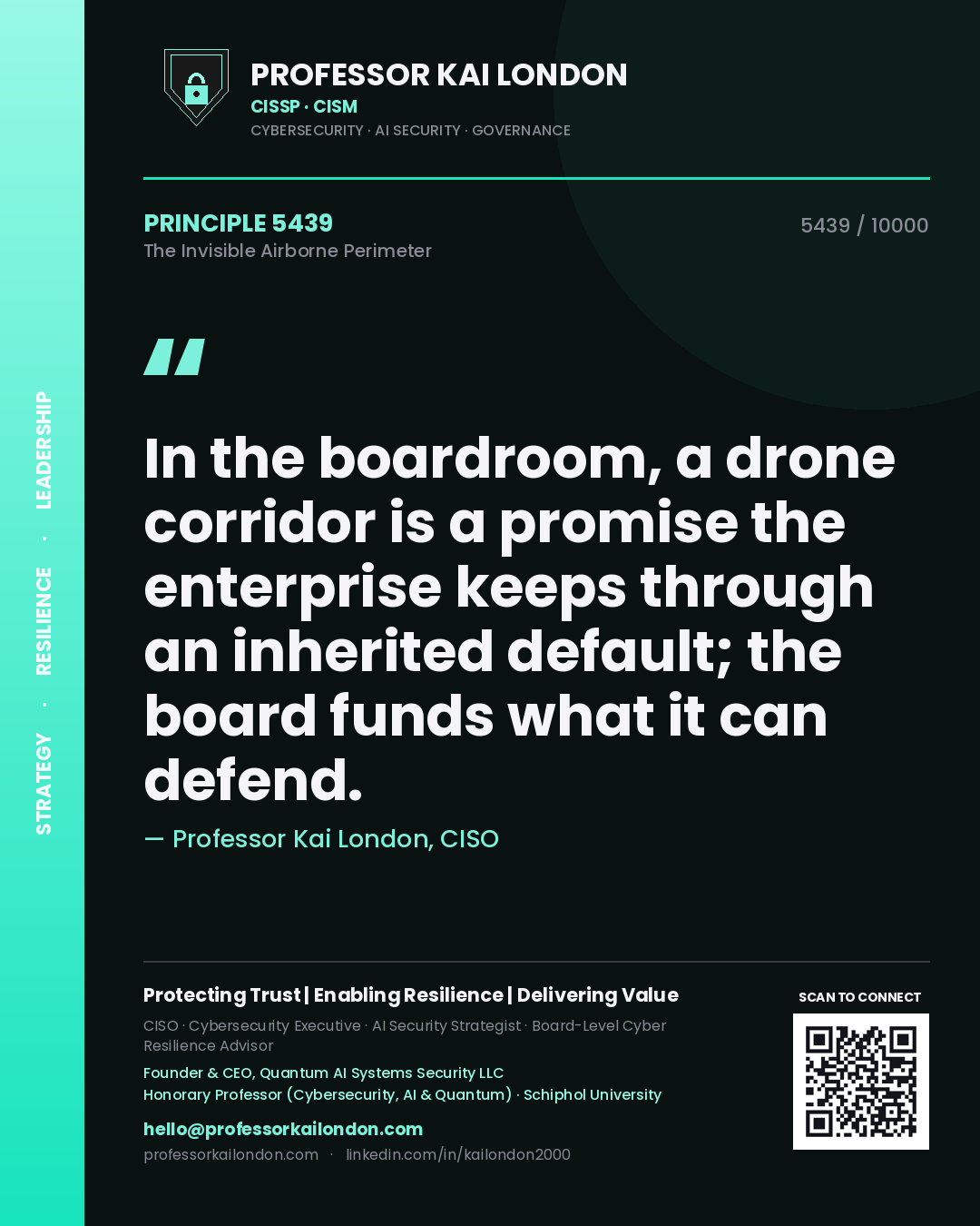 Quote card by Professor Kai London reading 'In the boardroom, a drone corridor is a promise the enterprise keeps through an inherited default; the board funds what it can defend.'. From the book The Invisible Airborne Perimeter.