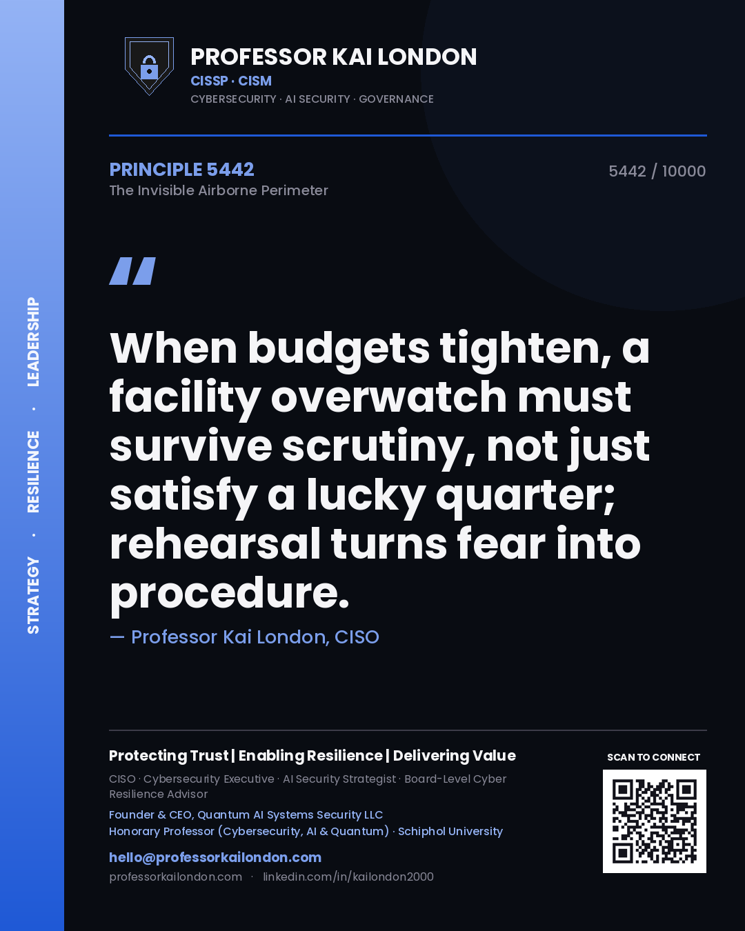 Professor Kai London principle 5442: When budgets tighten, a facility overwatch must survive scrutiny, not just satisfy a lucky quarter; rehearsal turns fear into procedure.