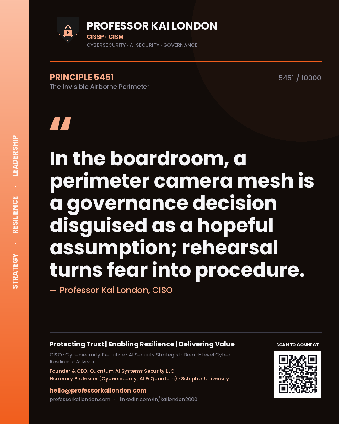 Professor Kai London principle 5451: In the boardroom, a perimeter camera mesh is a governance decision disguised as a hopeful assumption; rehearsal turns fear into procedure.
