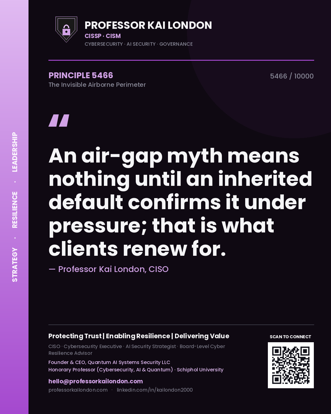 Quote card by Professor Kai London reading 'An air-gap myth means nothing until an inherited default confirms it under pressure; that is what clients renew for.'. From the book The Invisible Airborne Perimeter.