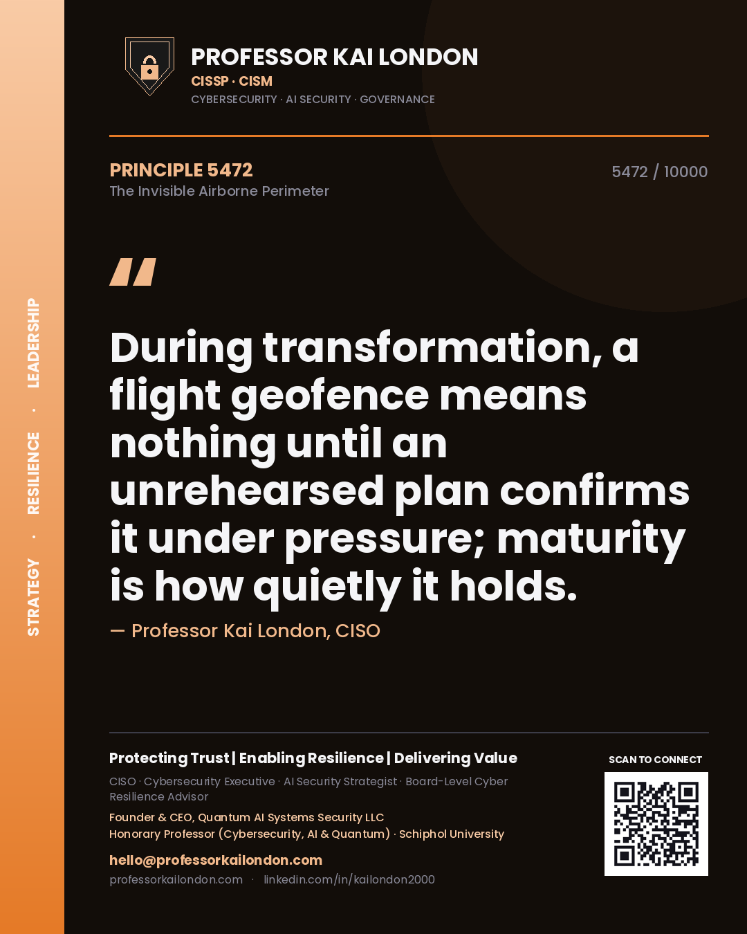 Professor Kai London principle 5472: During transformation, a flight geofence means nothing until an unrehearsed plan confirms it under pressure; maturity is how quietly it holds.