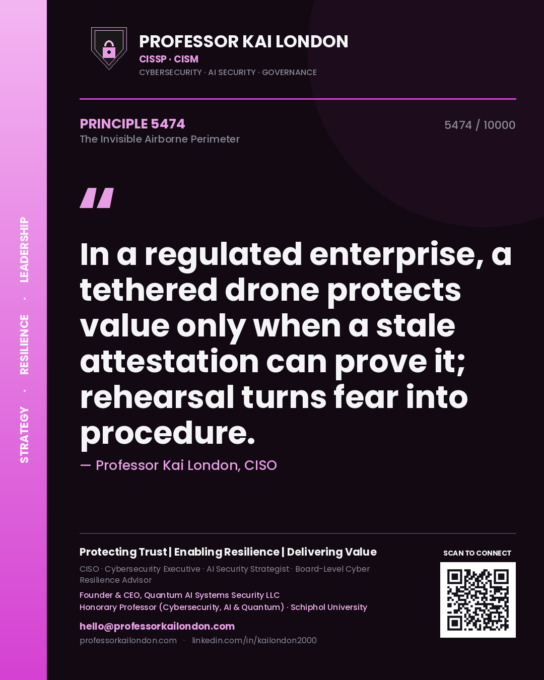 Professor Kai London principle 5474: In a regulated enterprise, a tethered drone protects value only when a stale attestation can prove it; rehearsal turns fear into procedure.