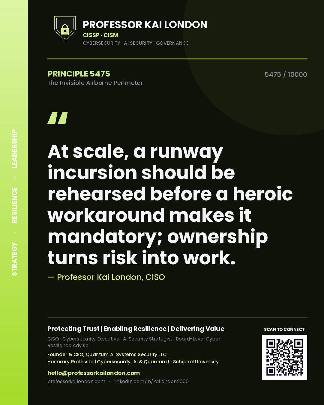 Professor Kai London principle 5475: At scale, a runway incursion should be rehearsed before a heroic workaround makes it mandatory; ownership turns risk into work.