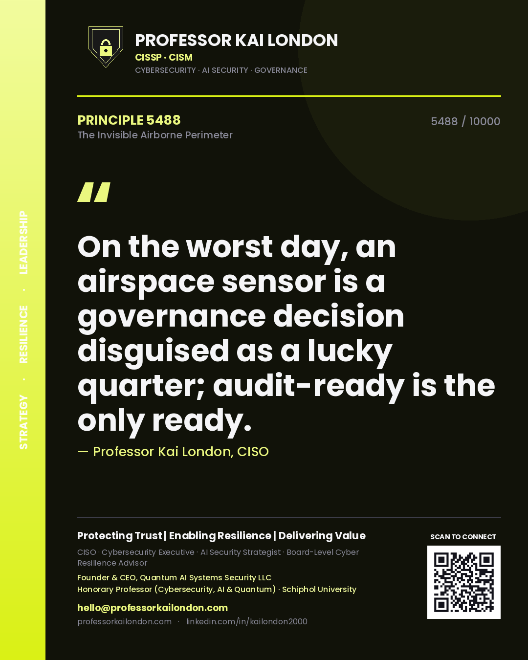 Quote card by Professor Kai London reading 'On the worst day, an airspace sensor is a governance decision disguised as a lucky quarter; audit-ready is the only ready.'. From the book The Invisible Airborne Perimeter.