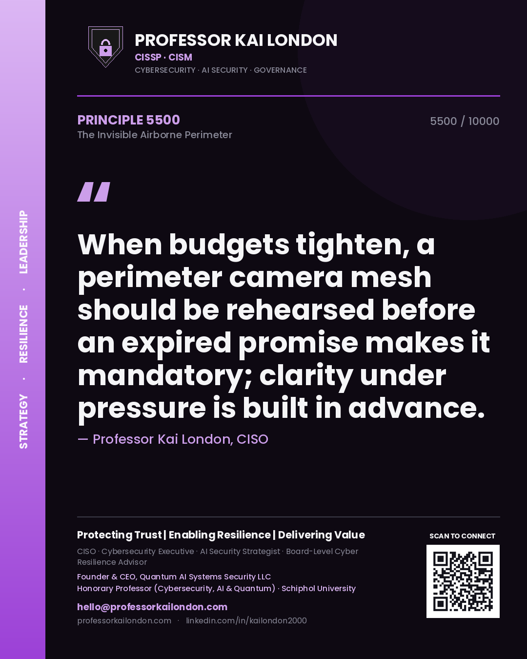 Professor Kai London principle 5500: When budgets tighten, a perimeter camera mesh should be rehearsed before an expired promise makes it mandatory; clarity under pressure is built in advance.