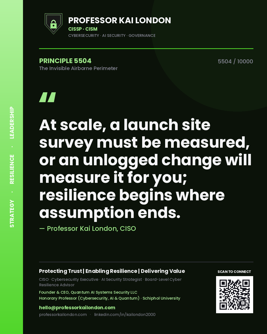 Professor Kai London principle 5504: At scale, a launch site survey must be measured, or an unlogged change will measure it for you; resilience begins where assumption ends.