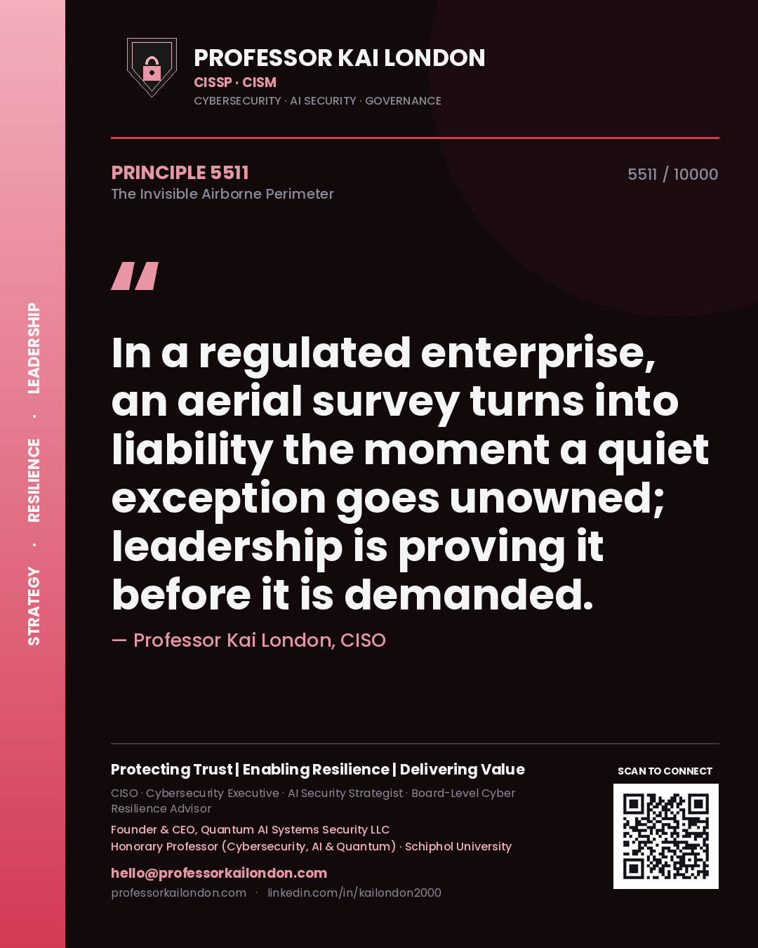 Quote card by Professor Kai London reading 'In a regulated enterprise, an aerial survey turns into liability the moment a quiet exception goes unowned; leadership is proving it before it is demanded.'. From the book The Invisible Airborne Perimeter.