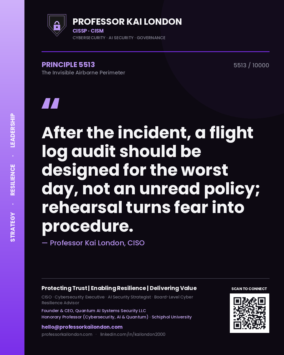 Quote card by Professor Kai London reading 'After the incident, a flight log audit should be designed for the worst day, not an unread policy; rehearsal turns fear into procedure.'. From the book The Invisible Airborne Perimeter.