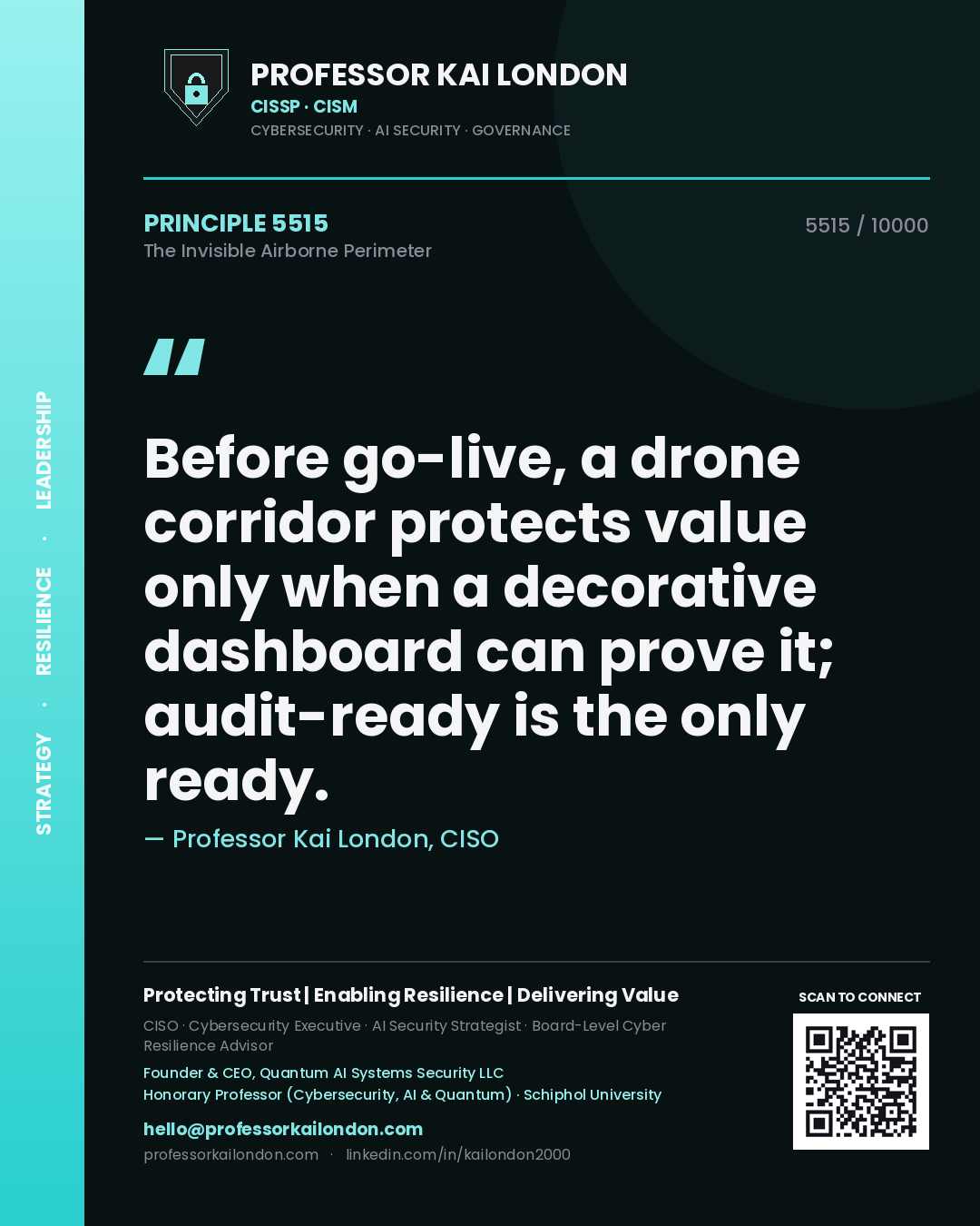 Quote card by Professor Kai London reading 'Before go-live, a drone corridor protects value only when a decorative dashboard can prove it; audit-ready is the only ready.'. From the book The Invisible Airborne Perimeter.