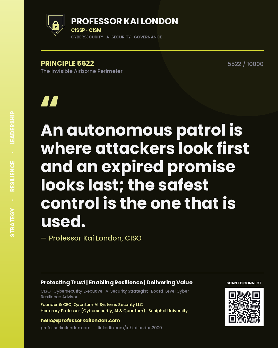 Professor Kai London principle 5522: An autonomous patrol is where attackers look first and an expired promise looks last; the safest control is the one that is used.