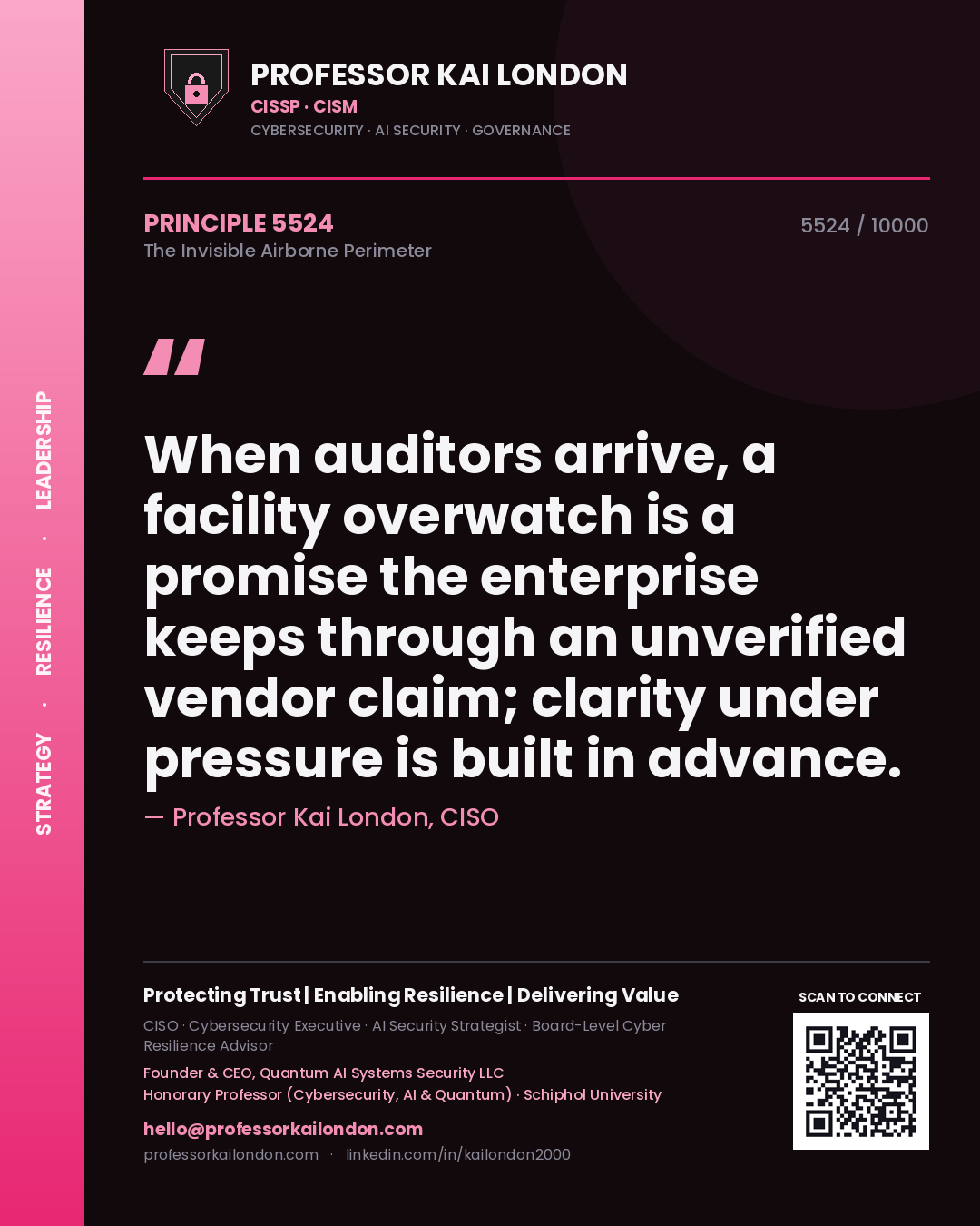 Quote card by Professor Kai London reading 'When auditors arrive, a facility overwatch is a promise the enterprise keeps through an unverified vendor claim; clarity under pressure is built in advance.'. From the book The Invisible Airborne Perimeter.