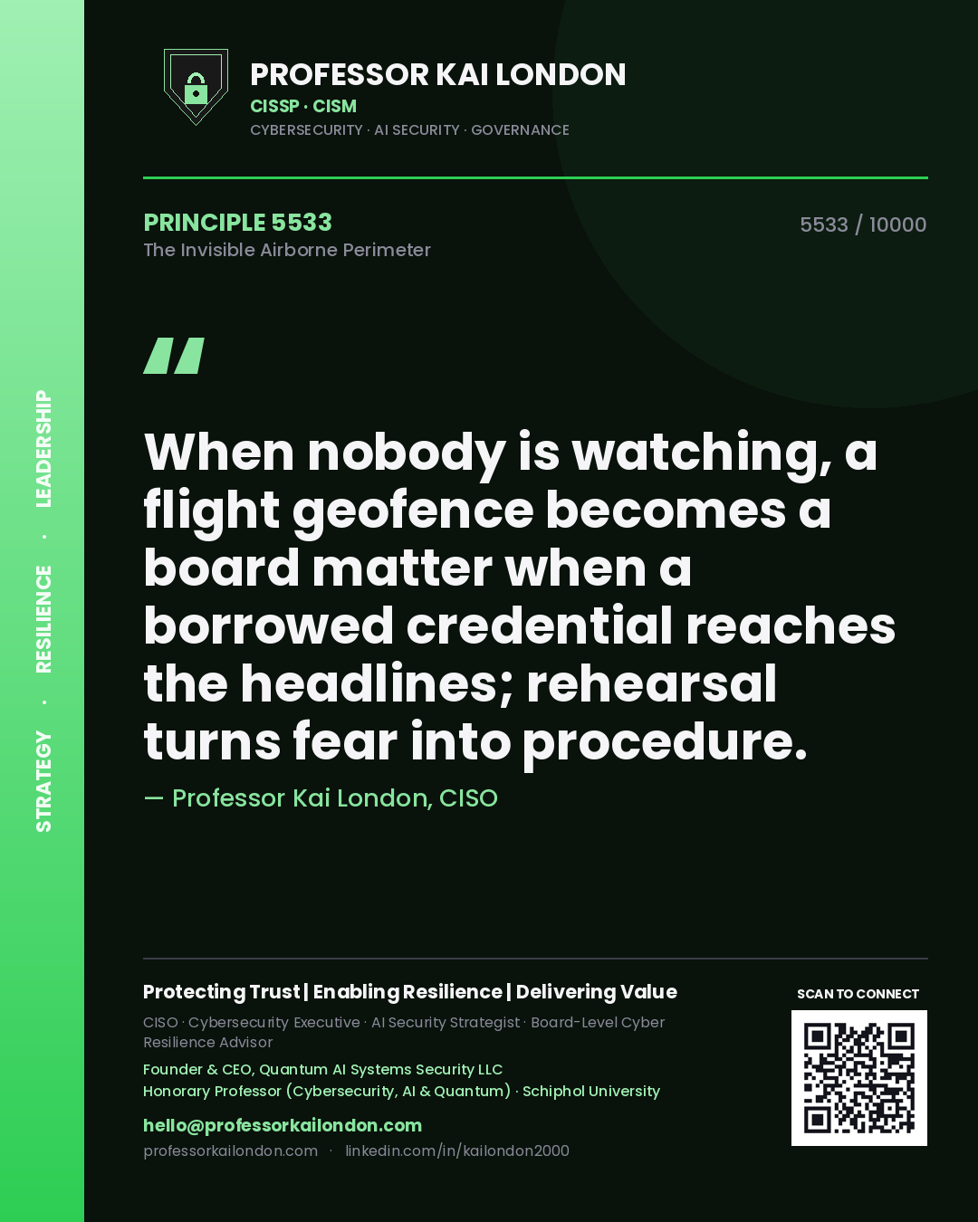 Professor Kai London principle 5533: When nobody is watching, a flight geofence becomes a board matter when a borrowed credential reaches the headlines; rehearsal turns fear into procedure.