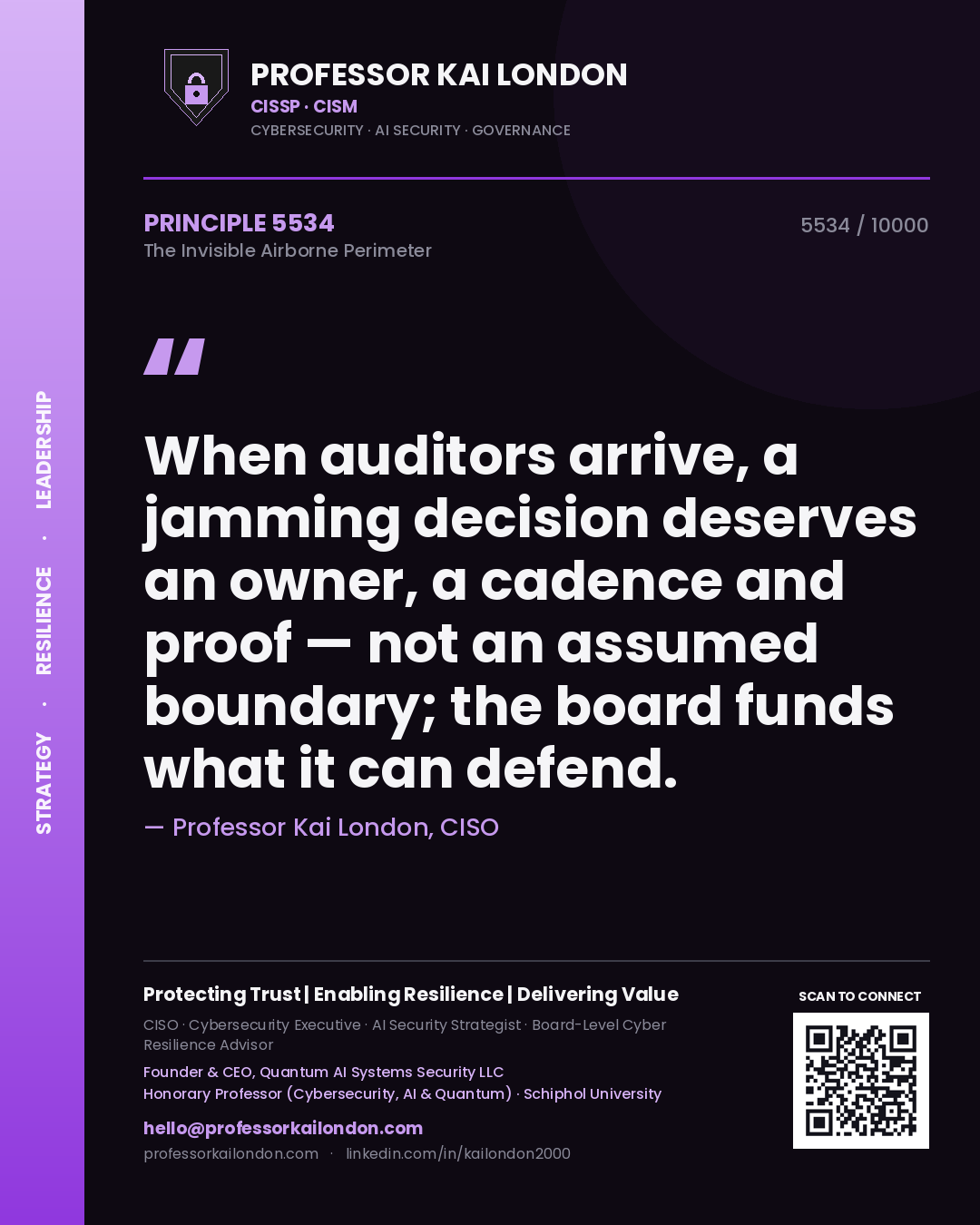 Professor Kai London principle 5534: When auditors arrive, a jamming decision deserves an owner, a cadence and proof — not an assumed boundary; the board funds what it can defend.