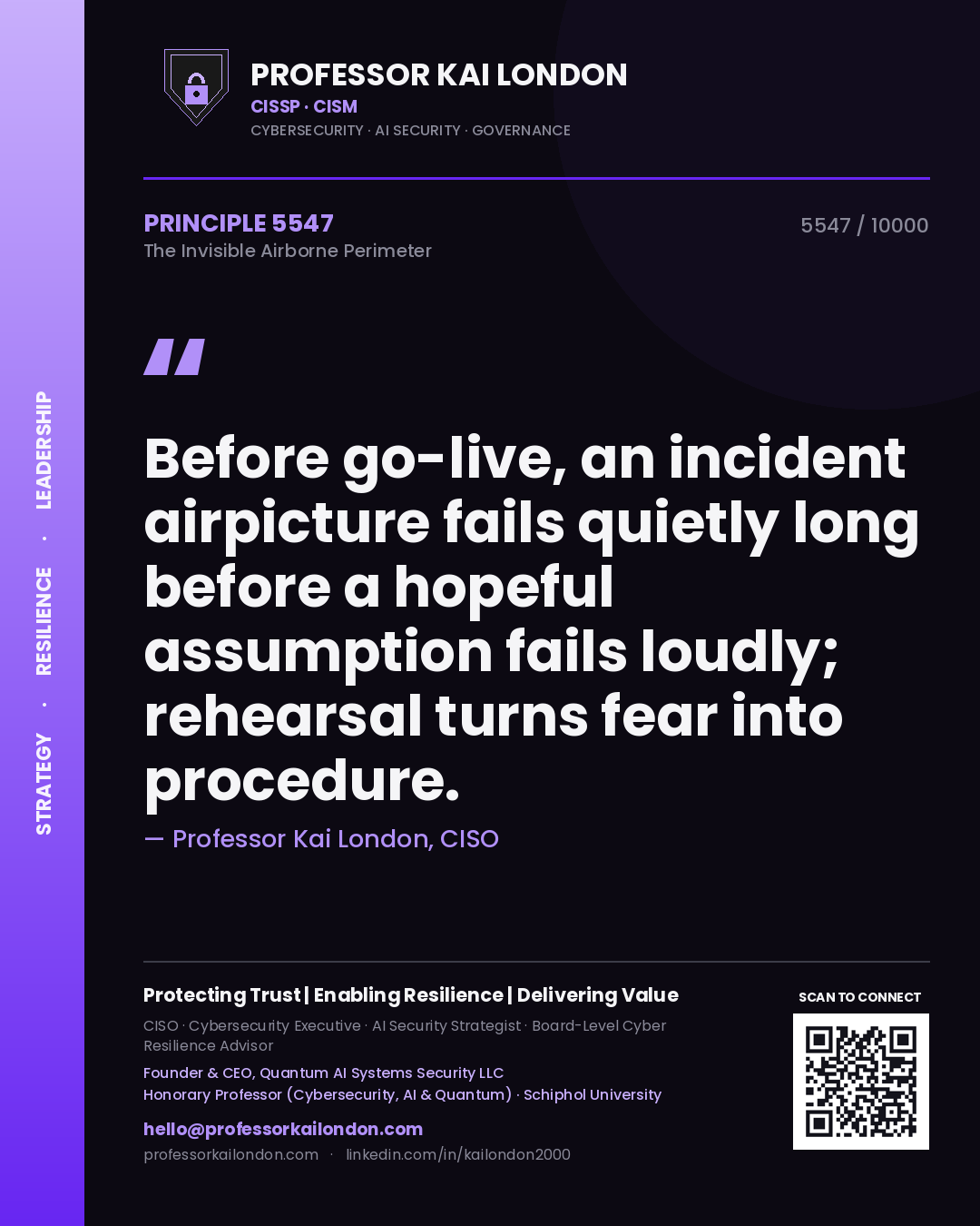 Professor Kai London principle 5547: Before go-live, an incident airpicture fails quietly long before a hopeful assumption fails loudly; rehearsal turns fear into procedure.