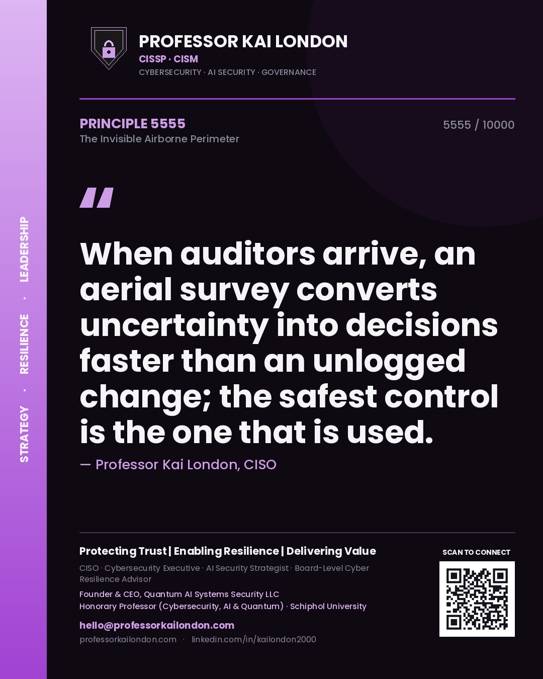 Professor Kai London principle 5555: When auditors arrive, an aerial survey converts uncertainty into decisions faster than an unlogged change; the safest control is the one that is used.