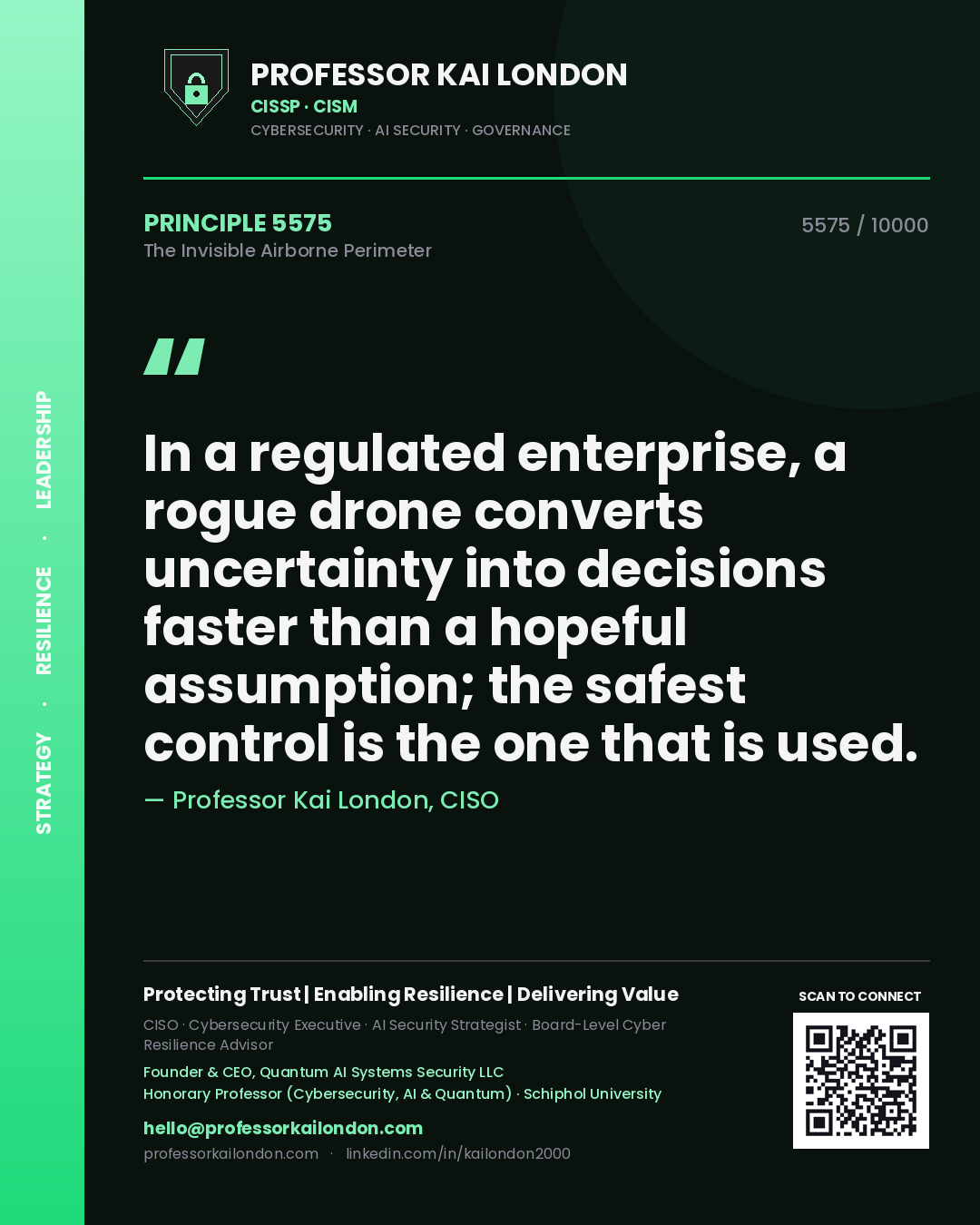Professor Kai London principle 5575: In a regulated enterprise, a rogue drone converts uncertainty into decisions faster than a hopeful assumption; the safest control is the one that is used.