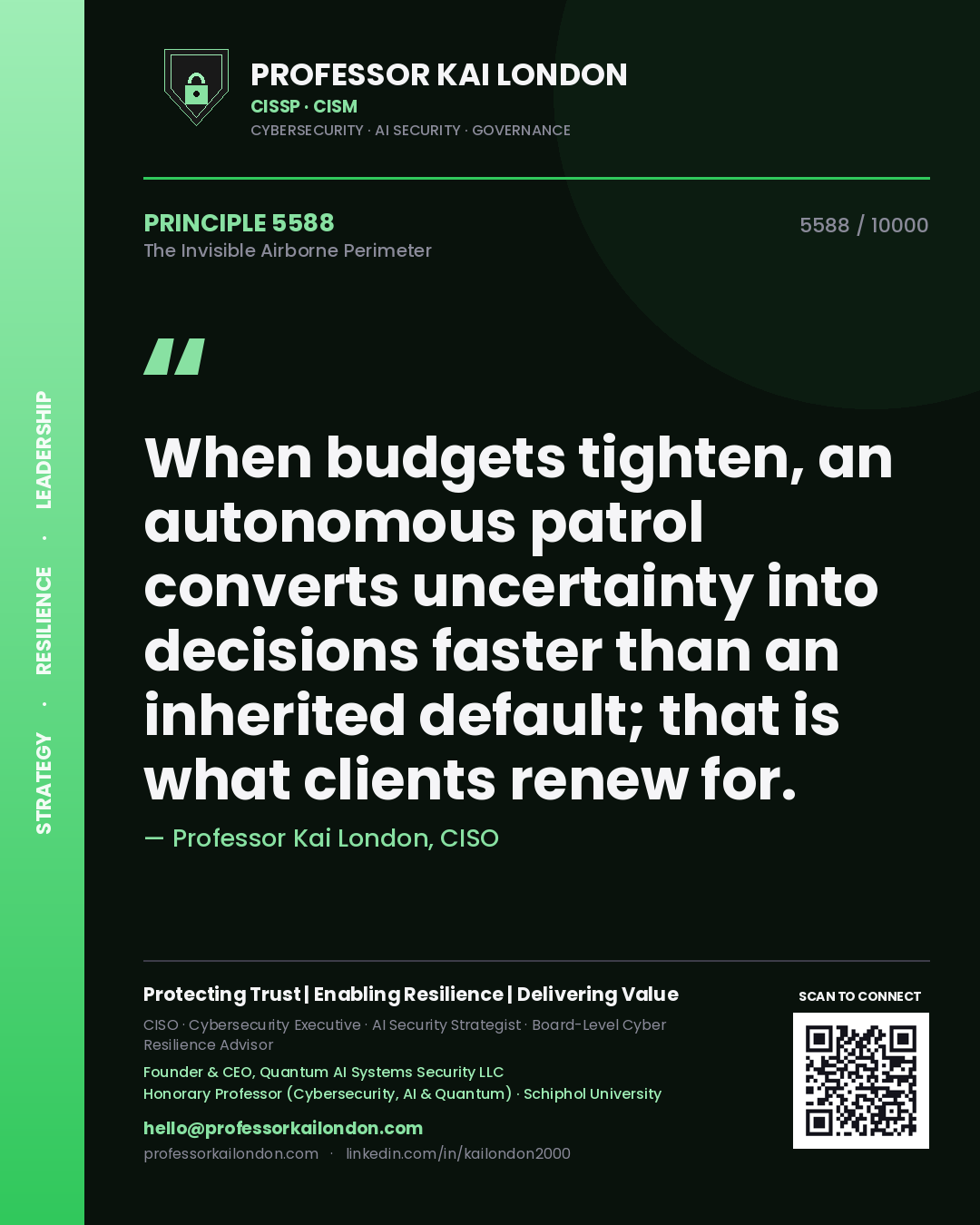 Quote card by Professor Kai London reading 'When budgets tighten, an autonomous patrol converts uncertainty into decisions faster than an inherited default; that is what clients renew for.'. From the book The Invisible Airborne Perimeter.