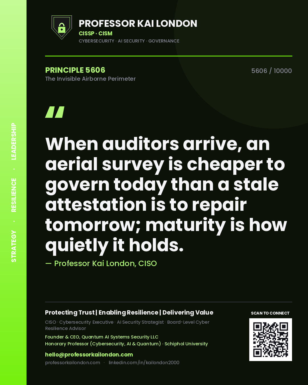 Professor Kai London principle 5606: When auditors arrive, an aerial survey is cheaper to govern today than a stale attestation is to repair tomorrow; maturity is how quietly it holds.