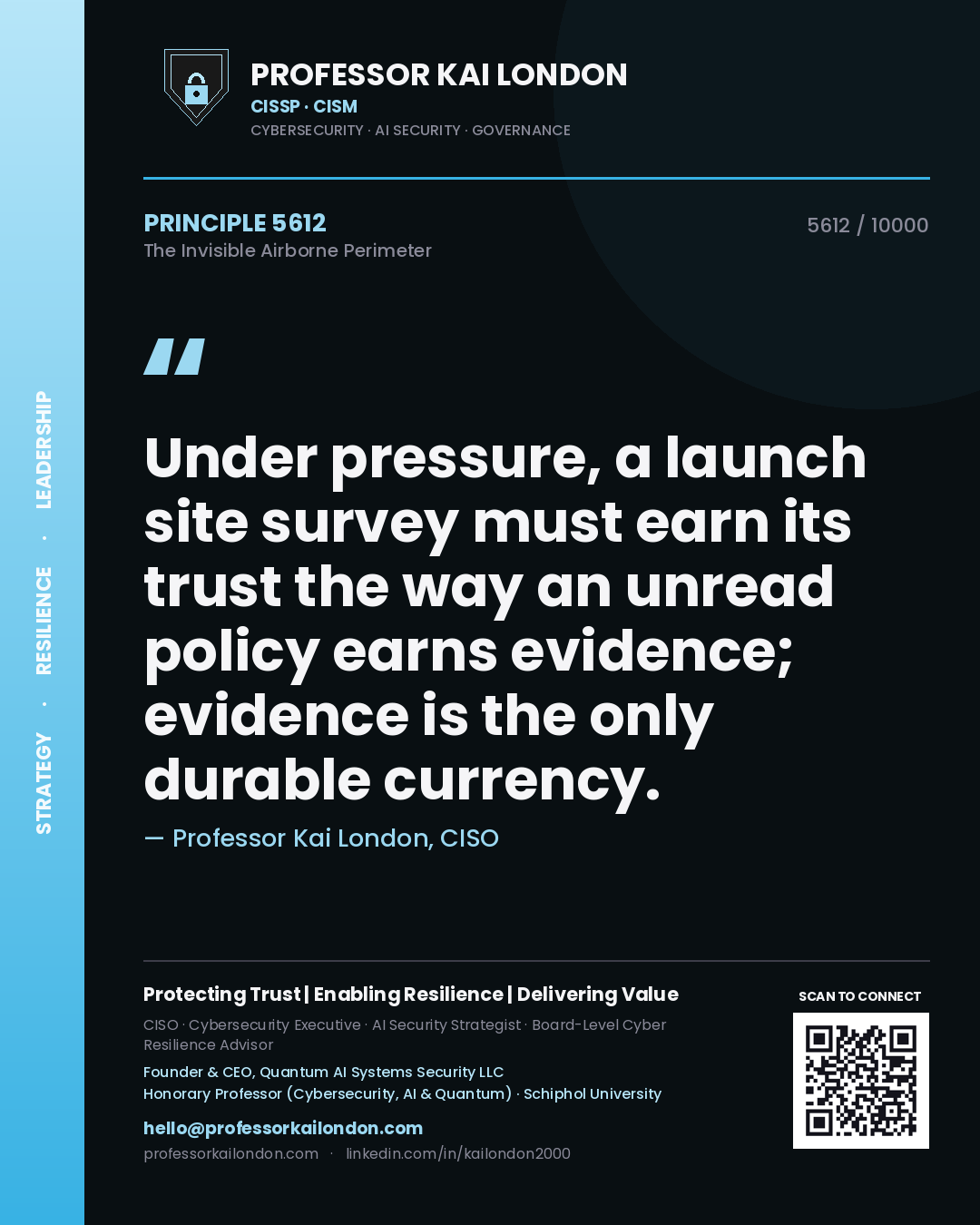 Professor Kai London principle 5612: Under pressure, a launch site survey must earn its trust the way an unread policy earns evidence; evidence is the only durable currency.