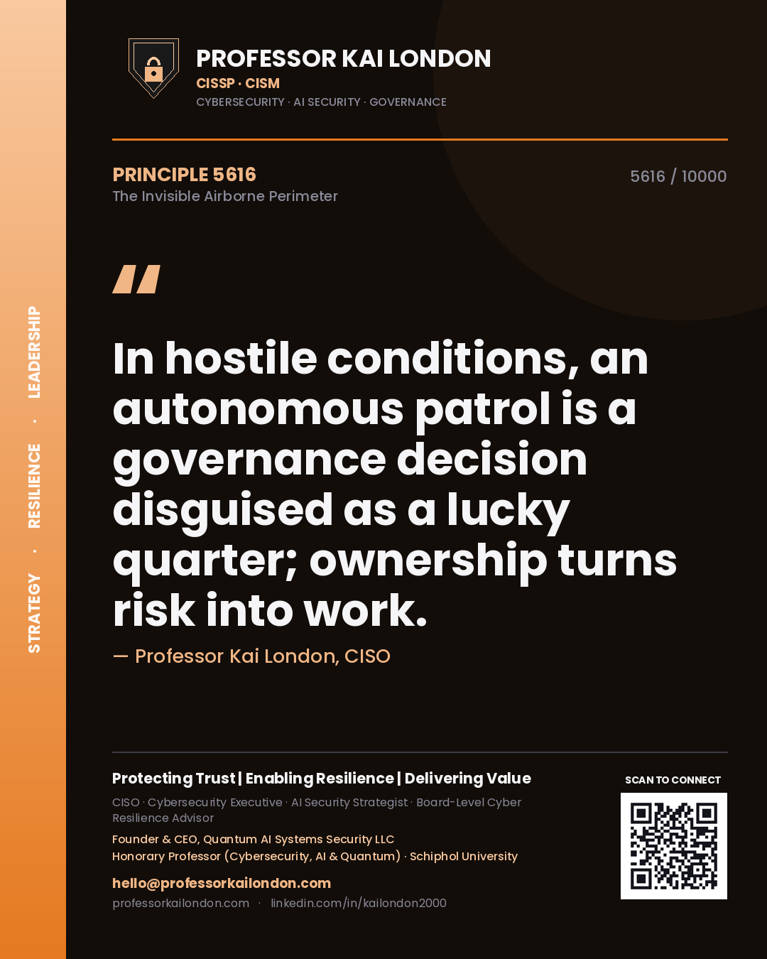 Professor Kai London principle 5616: In hostile conditions, an autonomous patrol is a governance decision disguised as a lucky quarter; ownership turns risk into work.