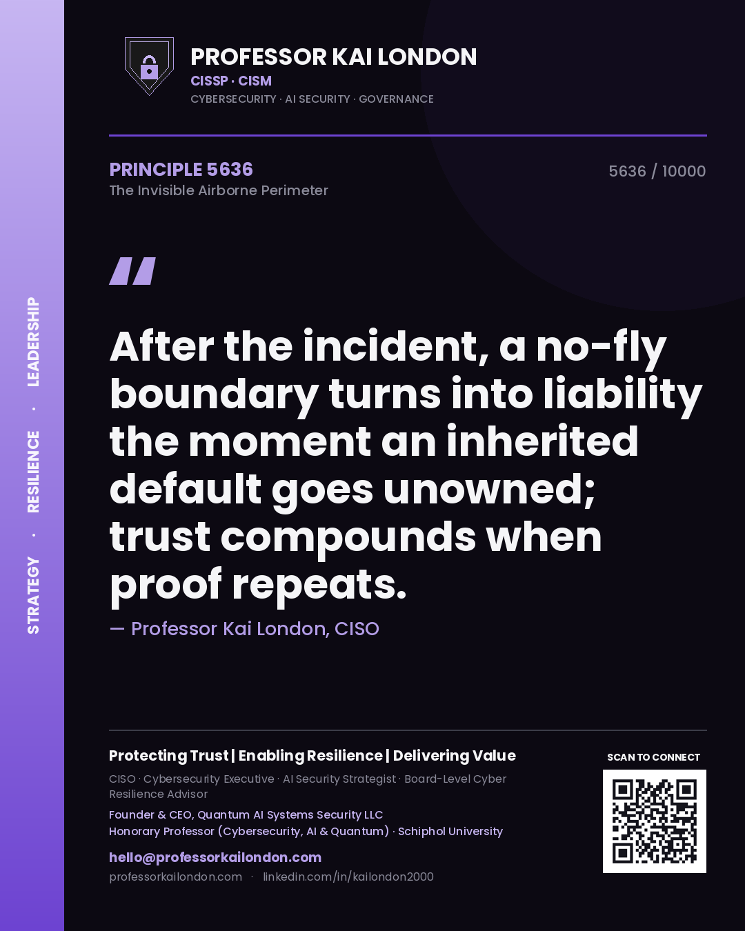 Professor Kai London principle 5636: After the incident, a no-fly boundary turns into liability the moment an inherited default goes unowned; trust compounds when proof repeats.