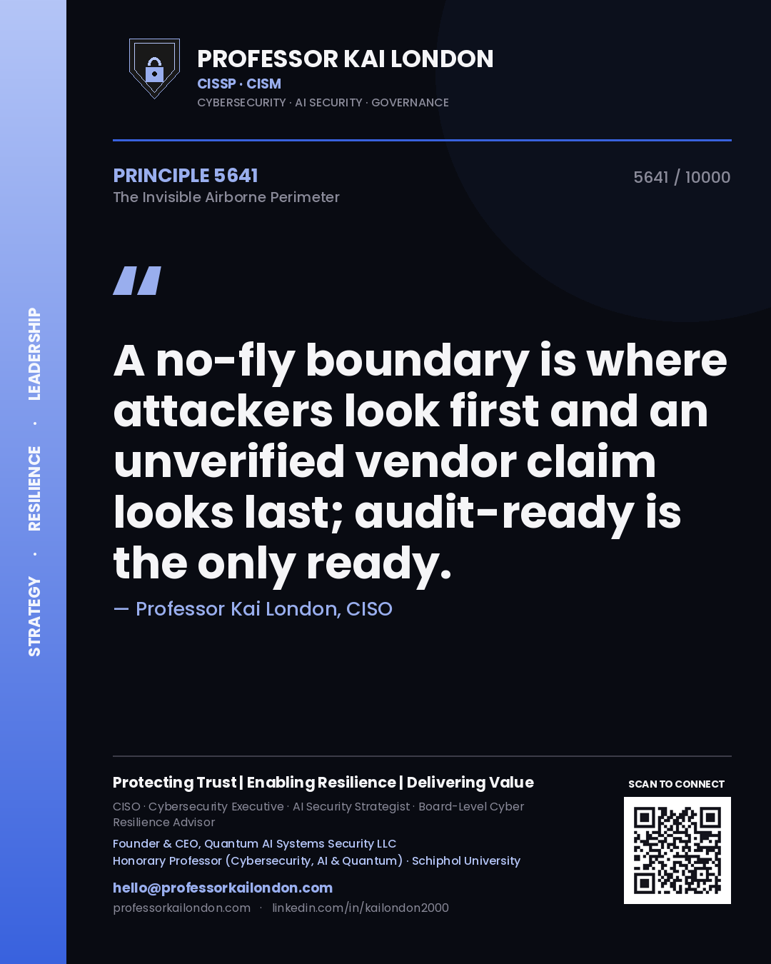 Quote card by Professor Kai London reading 'A no-fly boundary is where attackers look first and an unverified vendor claim looks last; audit-ready is the only ready.'. From the book The Invisible Airborne Perimeter.