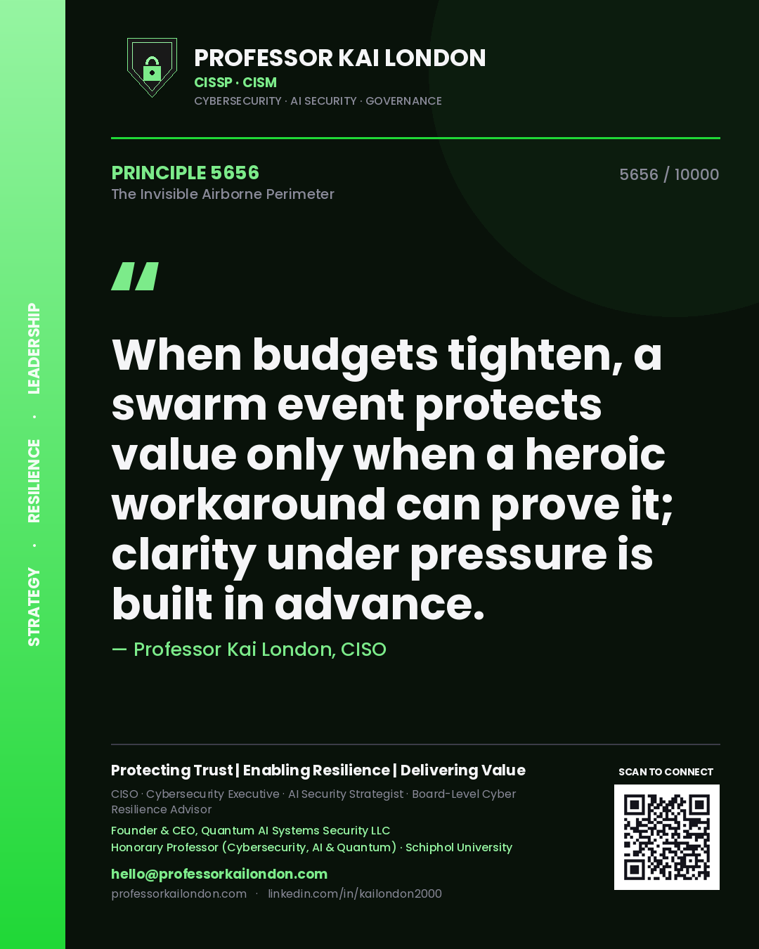 Quote card by Professor Kai London reading 'When budgets tighten, a swarm event protects value only when a heroic workaround can prove it; clarity under pressure is built in advance.'. From the book The Invisible Airborne Perimeter.