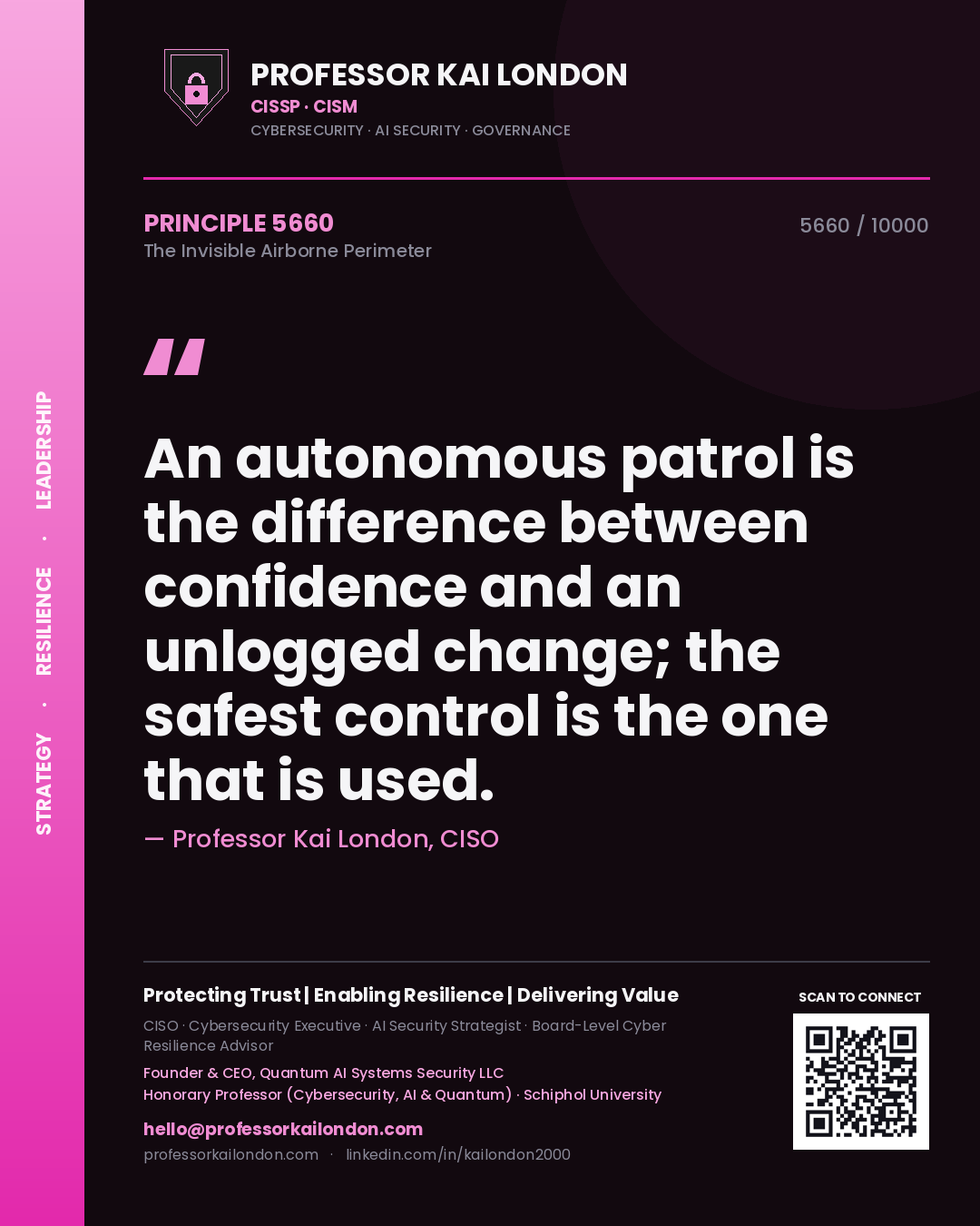 Professor Kai London principle 5660: An autonomous patrol is the difference between confidence and an unlogged change; the safest control is the one that is used.