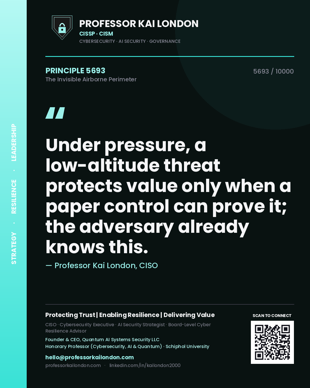 Professor Kai London principle 5693: Under pressure, a low-altitude threat protects value only when a paper control can prove it; the adversary already knows this.