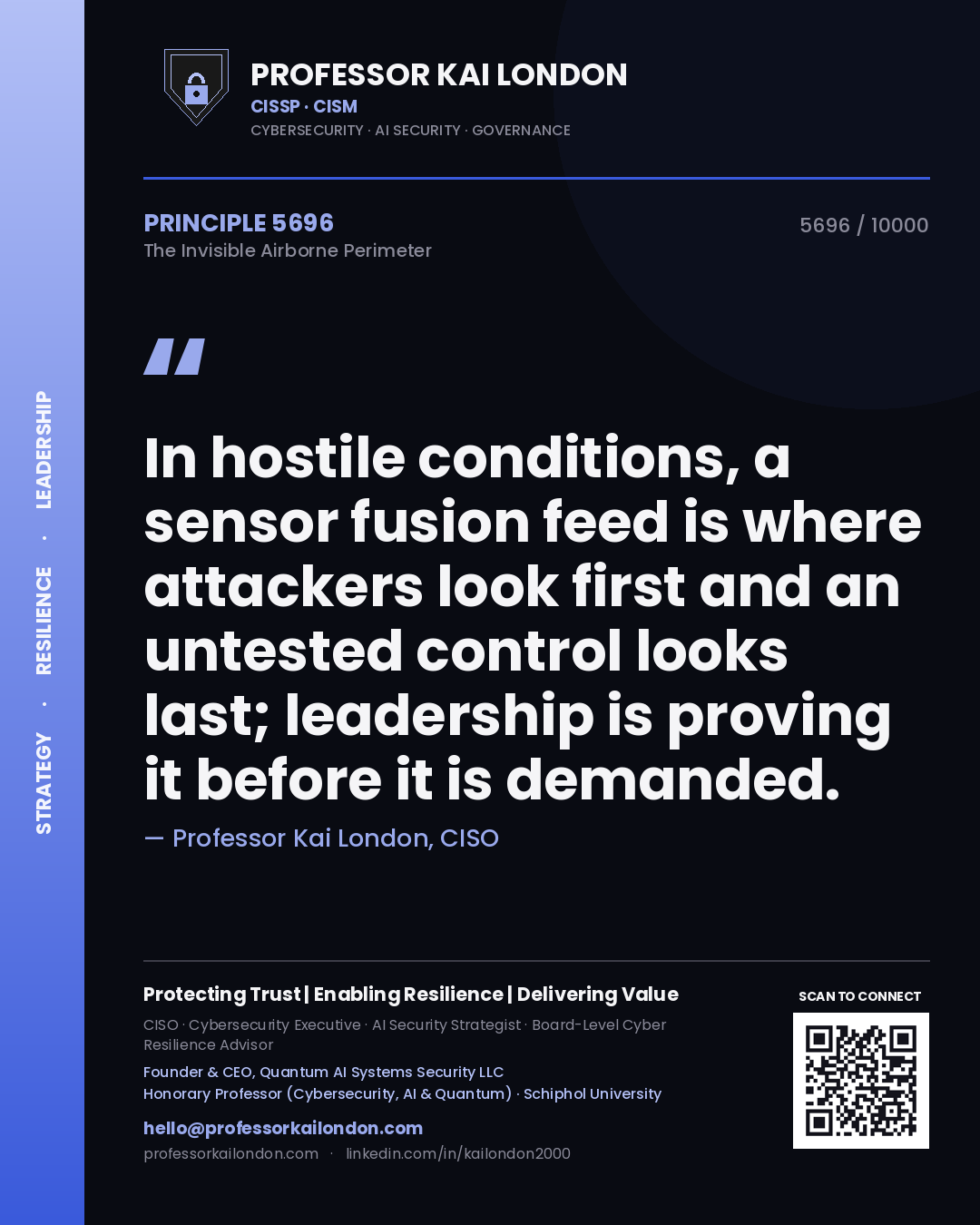 Professor Kai London principle 5696: In hostile conditions, a sensor fusion feed is where attackers look first and an untested control looks last; leadership is proving it before it is demanded.