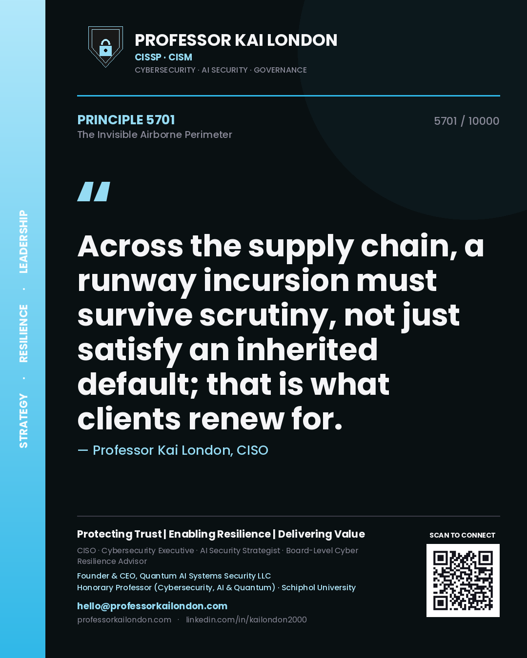 Quote card by Professor Kai London reading 'Across the supply chain, a runway incursion must survive scrutiny, not just satisfy an inherited default; that is what clients renew for.'. From the book The Invisible Airborne Perimeter.
