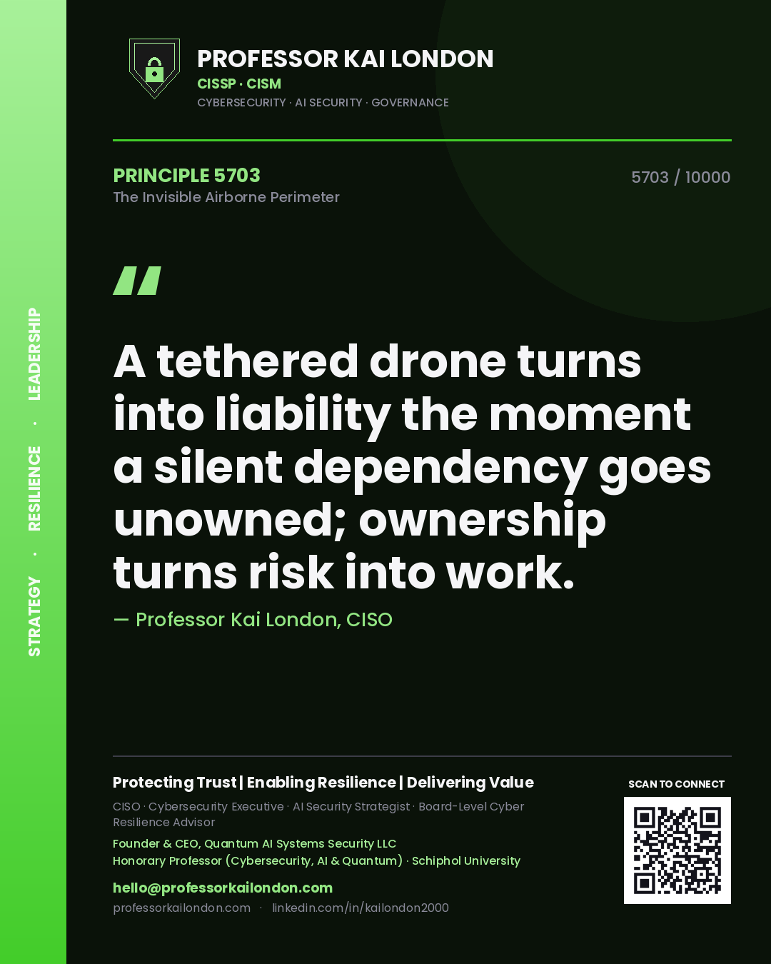 Professor Kai London principle 5703: A tethered drone turns into liability the moment a silent dependency goes unowned; ownership turns risk into work.