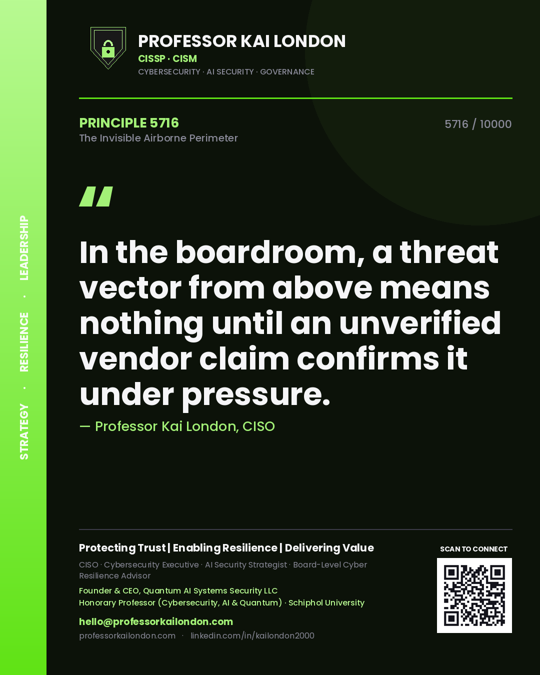 Professor Kai London principle 5716: In the boardroom, a threat vector from above means nothing until an unverified vendor claim confirms it under pressure.