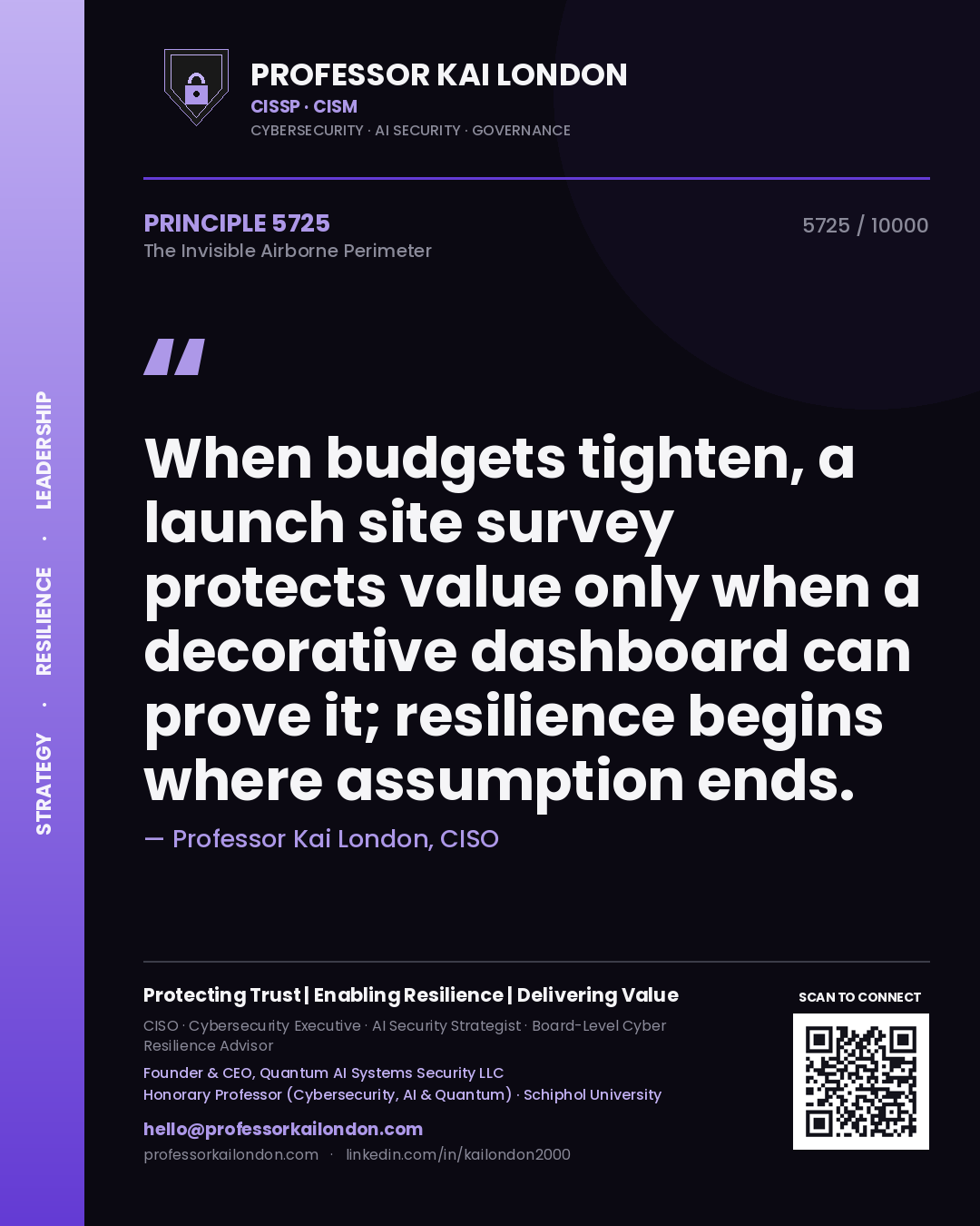Quote card by Professor Kai London reading 'When budgets tighten, a launch site survey protects value only when a decorative dashboard can prove it; resilience begins where assumption ends.'. From the book The Invisible Airborne Perimeter.