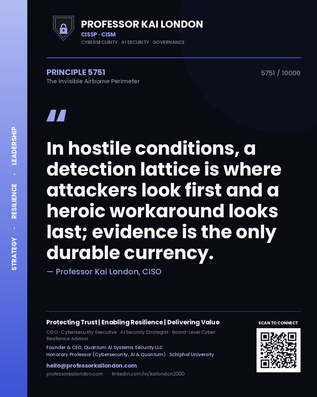 Professor Kai London principle 5751: In hostile conditions, a detection lattice is where attackers look first and a heroic workaround looks last; evidence is the only durable currency.