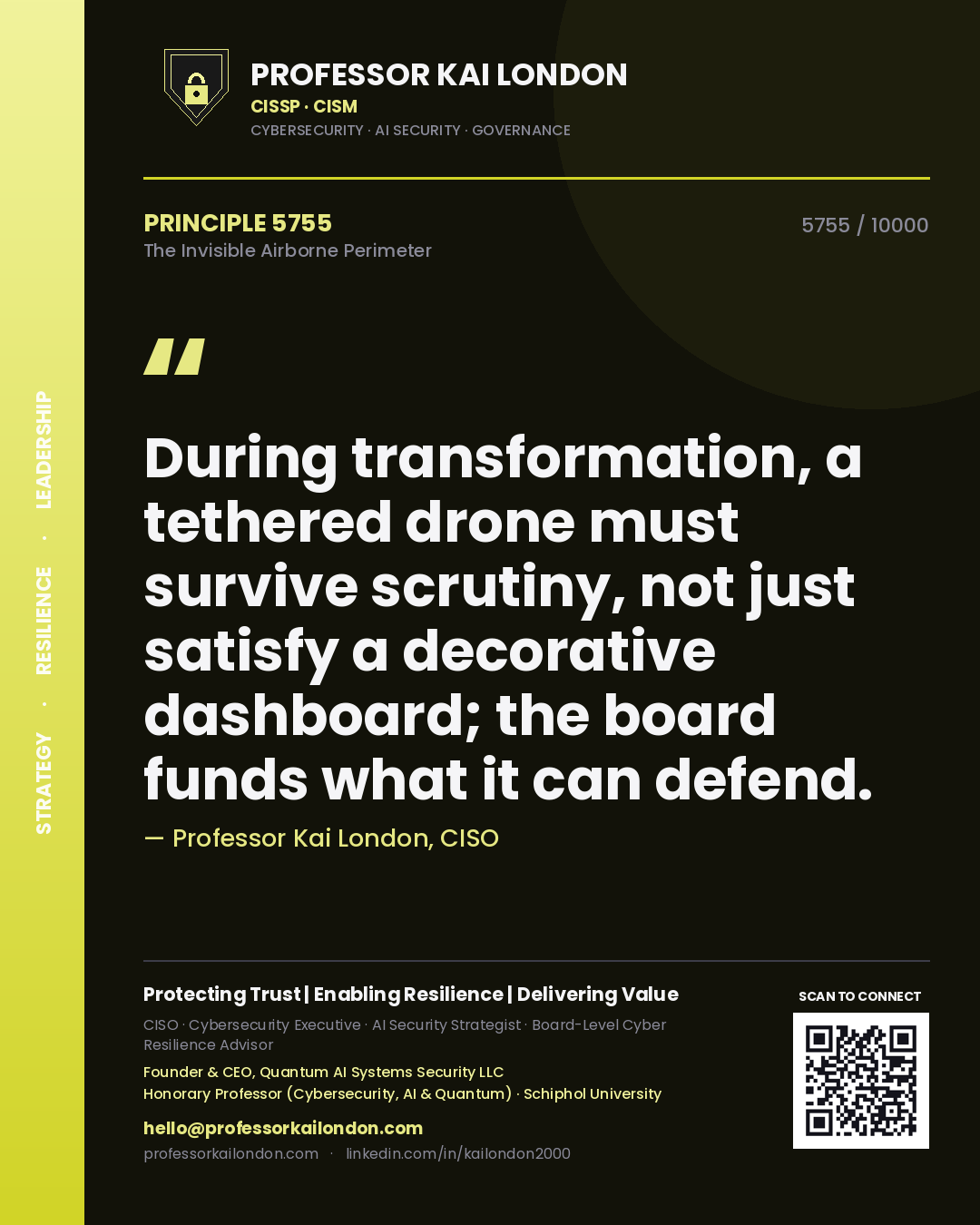 Professor Kai London principle 5755: During transformation, a tethered drone must survive scrutiny, not just satisfy a decorative dashboard; the board funds what it can defend.
