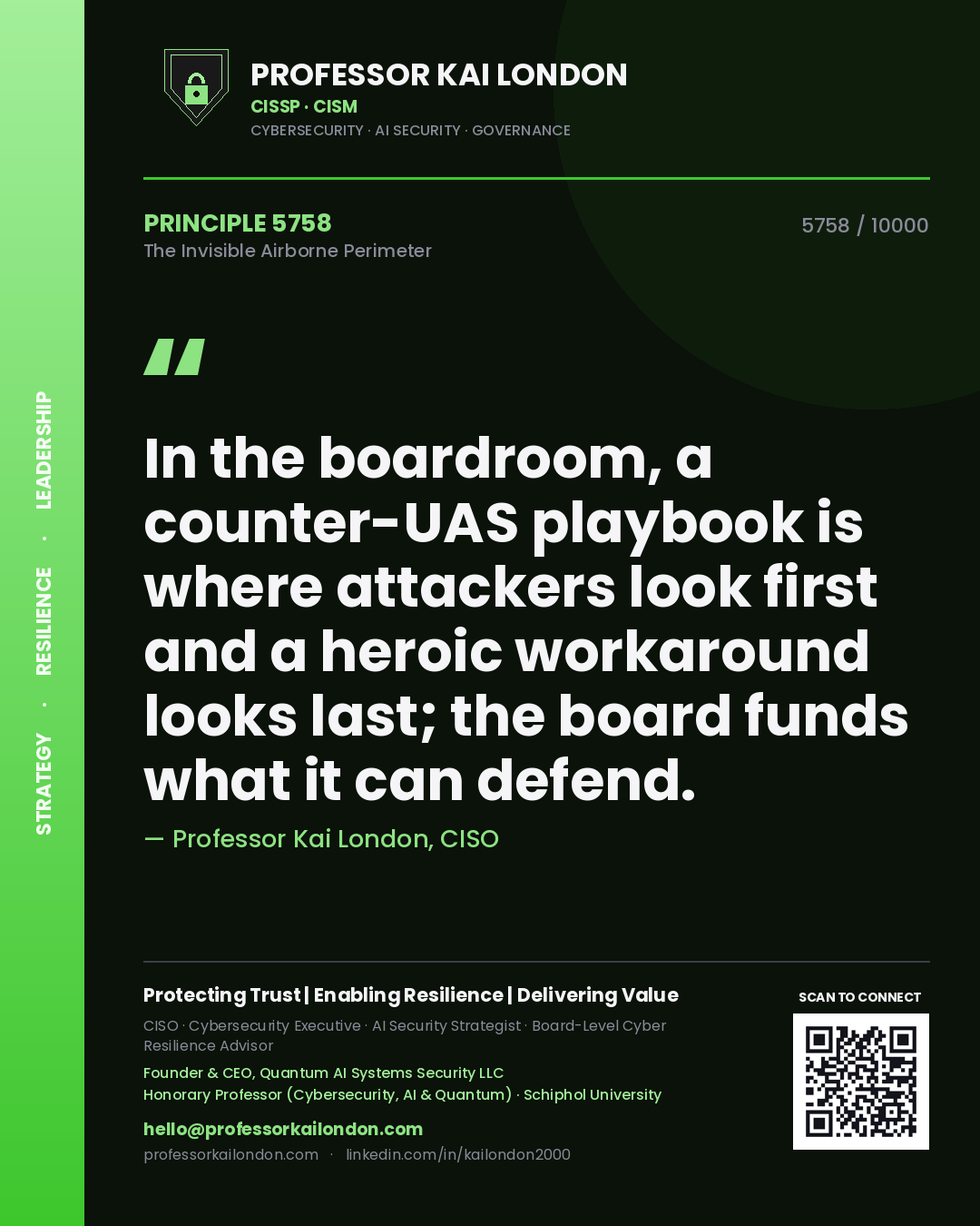 Professor Kai London principle 5758: In the boardroom, a counter-UAS playbook is where attackers look first and a heroic workaround looks last; the board funds what it can defend.