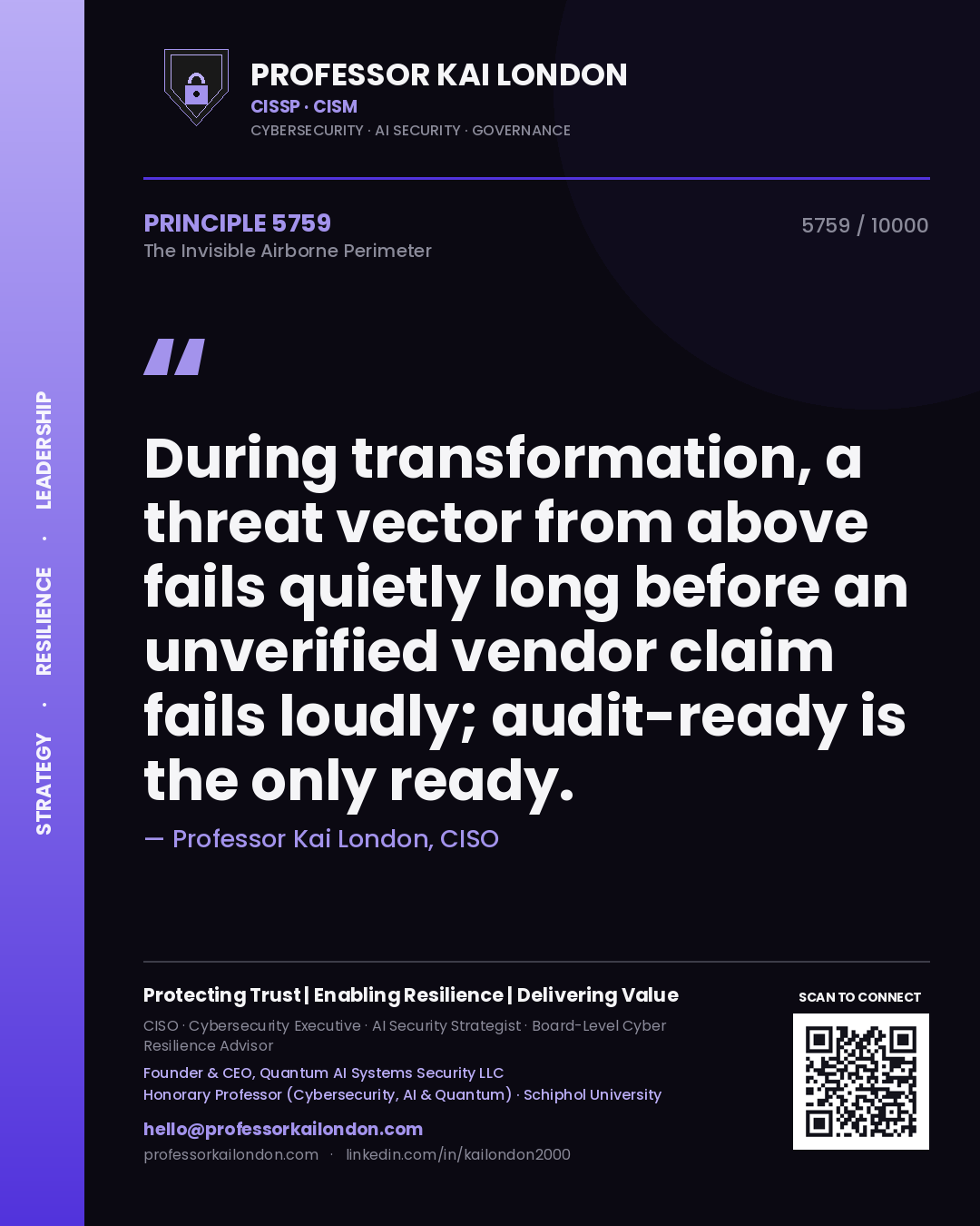 Professor Kai London principle 5759: During transformation, a threat vector from above fails quietly long before an unverified vendor claim fails loudly; audit-ready is the only ready.