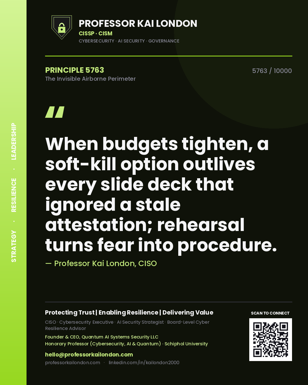 Professor Kai London principle 5763: When budgets tighten, a soft-kill option outlives every slide deck that ignored a stale attestation; rehearsal turns fear into procedure.