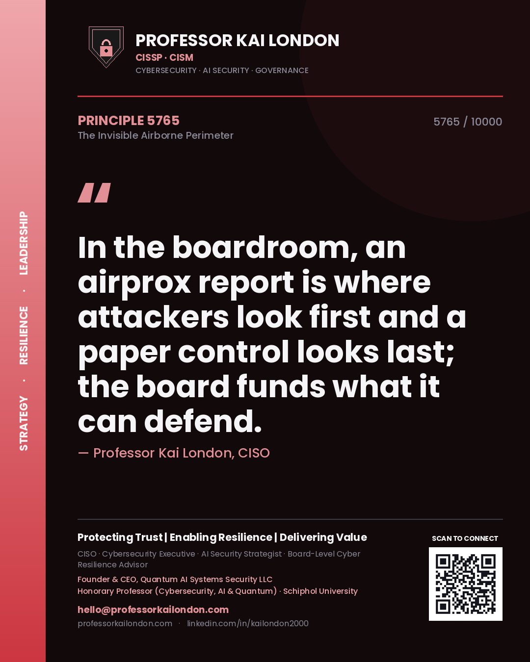 Professor Kai London principle 5765: In the boardroom, an airprox report is where attackers look first and a paper control looks last; the board funds what it can defend.