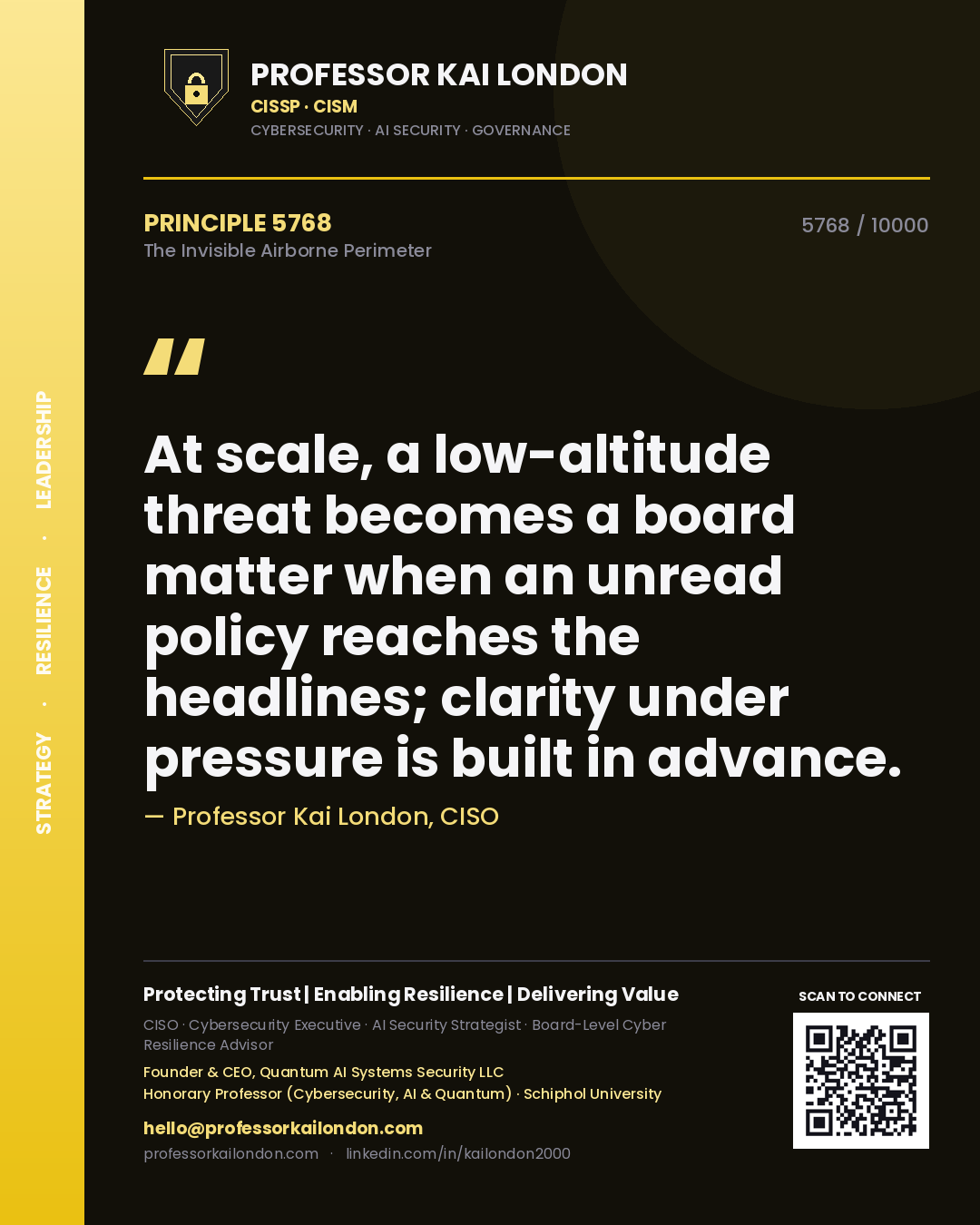 Professor Kai London principle 5768: At scale, a low-altitude threat becomes a board matter when an unread policy reaches the headlines; clarity under pressure is built in advance.