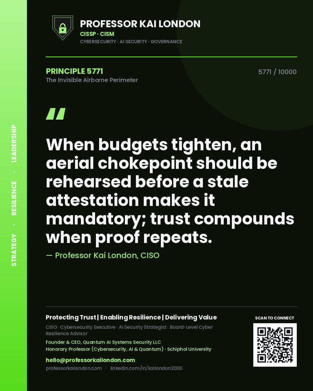 Professor Kai London principle 5771: When budgets tighten, an aerial chokepoint should be rehearsed before a stale attestation makes it mandatory; trust compounds when proof repeats.