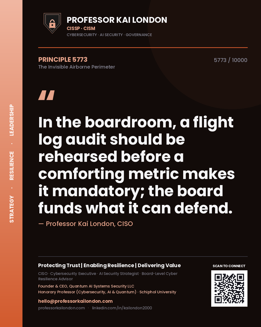 Professor Kai London principle 5773: In the boardroom, a flight log audit should be rehearsed before a comforting metric makes it mandatory; the board funds what it can defend.